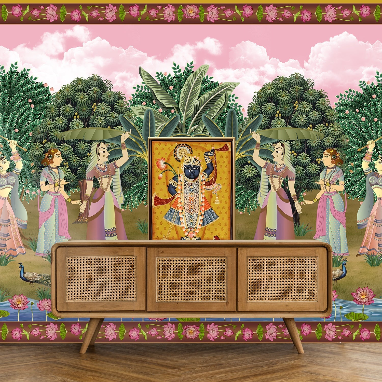 Traditional Pichwai painting with divine shrine surrounded by garden dancers and lotus flowers - view 11 - final