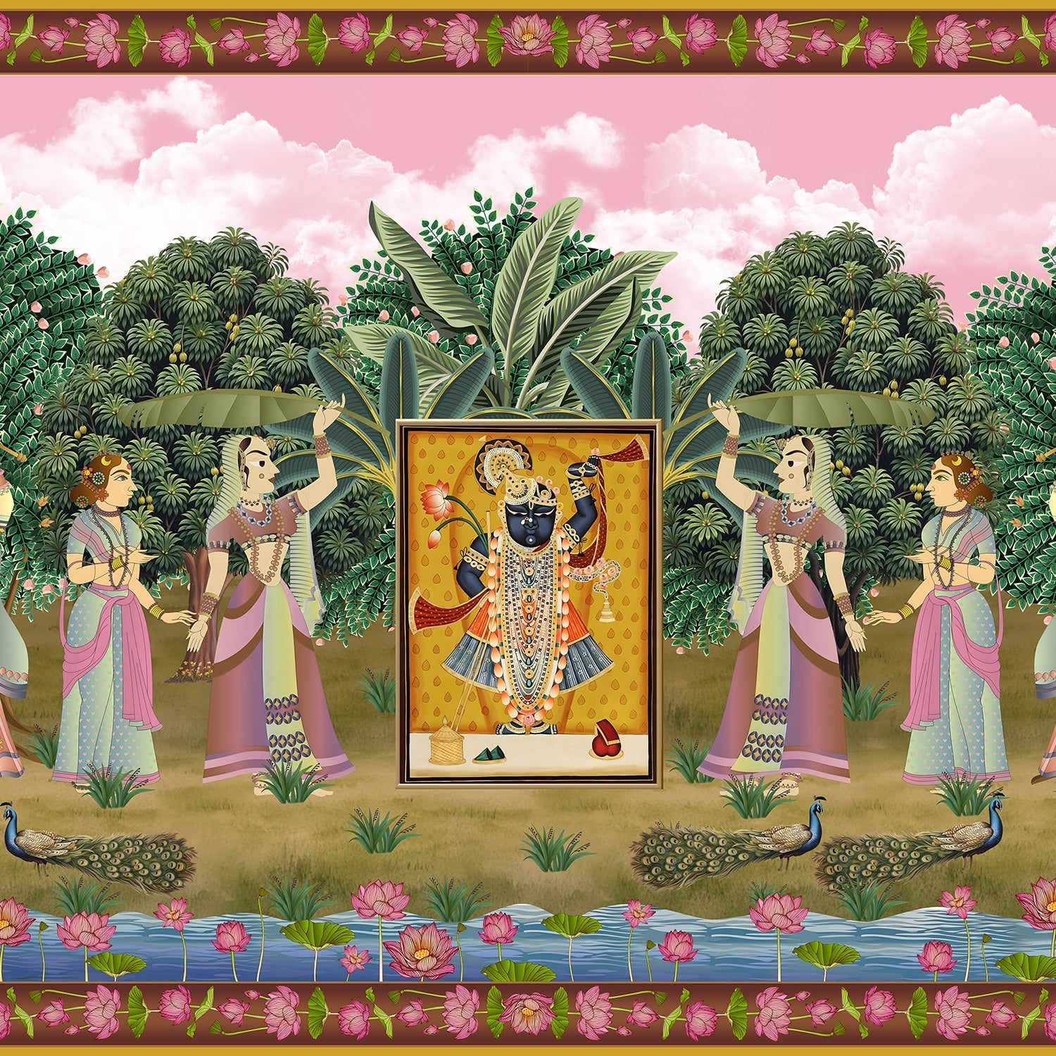 Traditional Pichwai painting with divine shrine surrounded by garden dancers and lotus flowers - view 12 - final