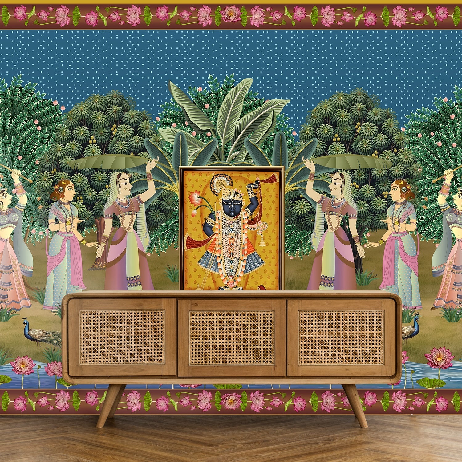 Traditional Pichwai painting with divine shrine surrounded by garden dancers and lotus flowers - view 15 - final