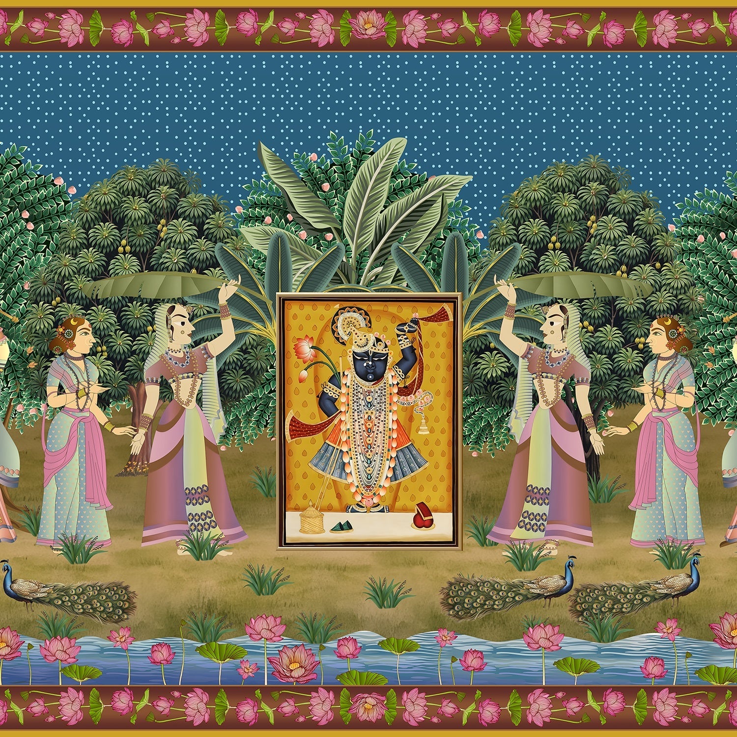 Traditional Pichwai painting with divine shrine surrounded by garden dancers and lotus flowers - view 16 - final