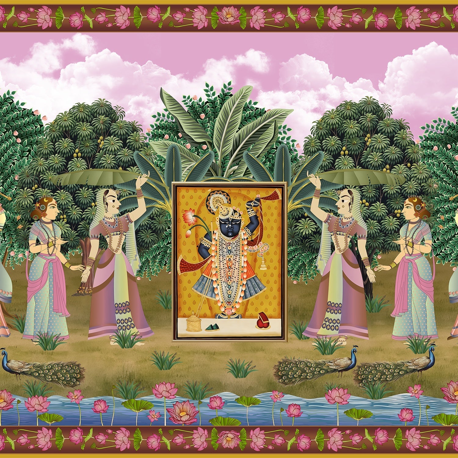 Traditional Pichwai painting with divine shrine surrounded by garden dancers and lotus flowers - view 2 - final