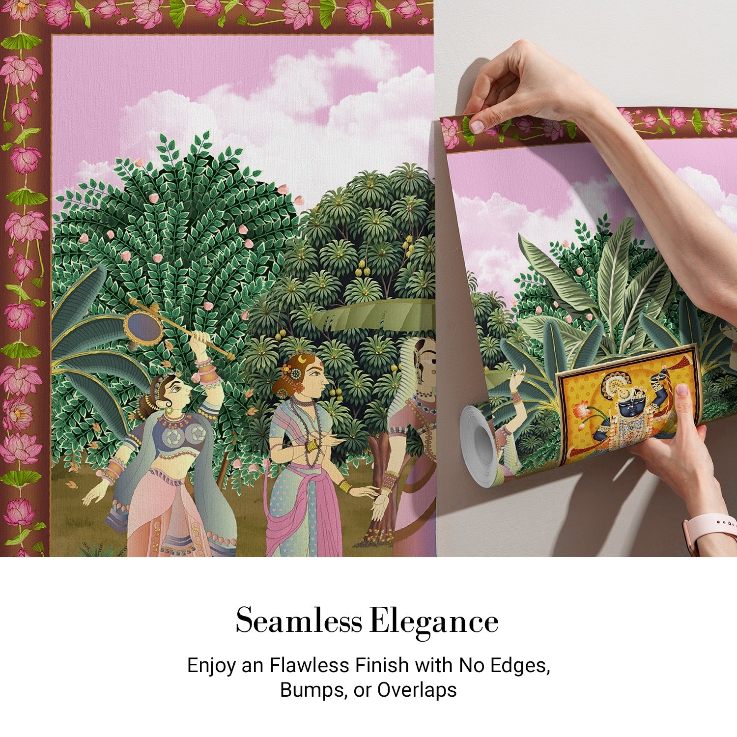 Traditional Pichwai painting with divine shrine surrounded by garden dancers and lotus flowers - view 3 - final