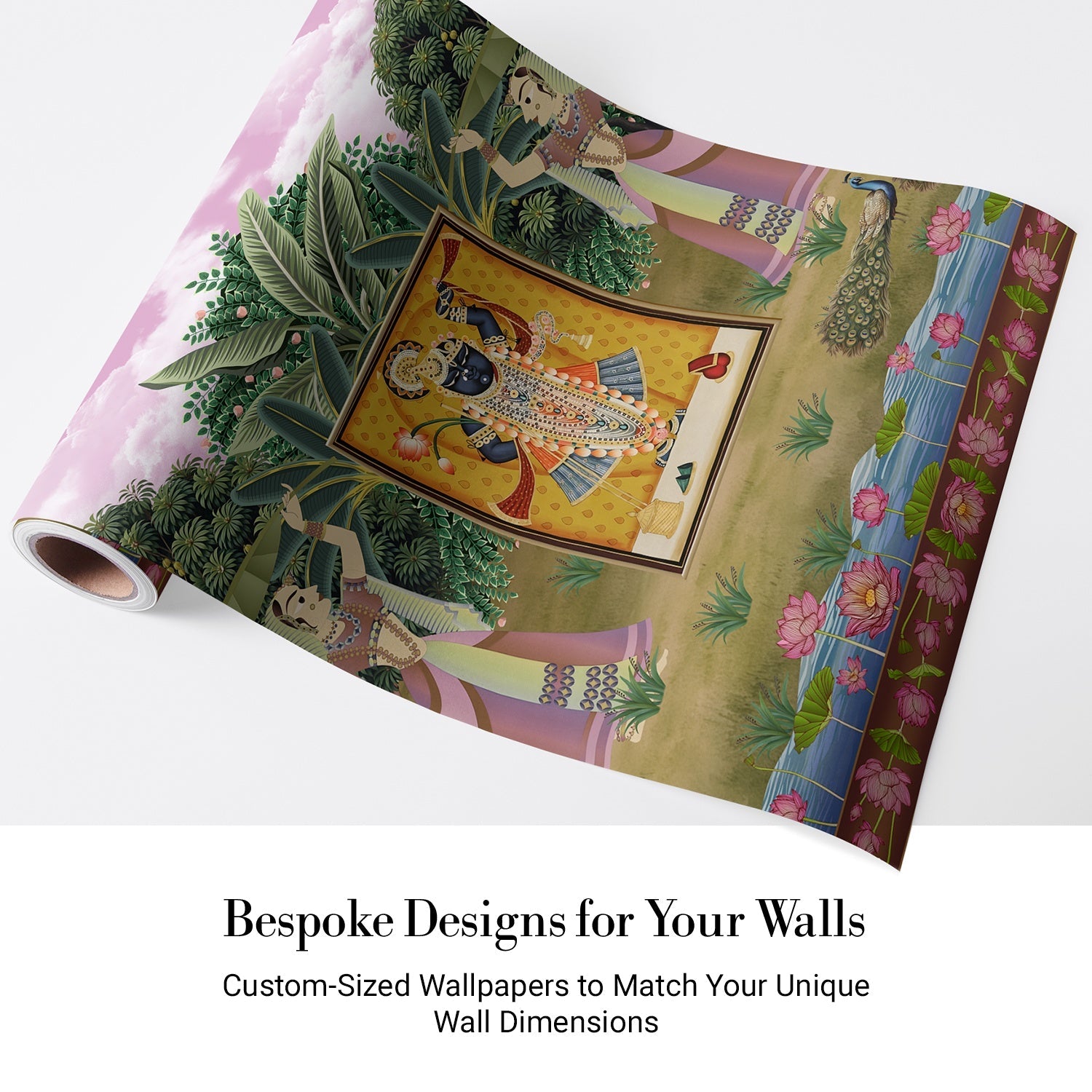 Traditional Pichwai painting with divine shrine surrounded by garden dancers and lotus flowers - view 4 - final