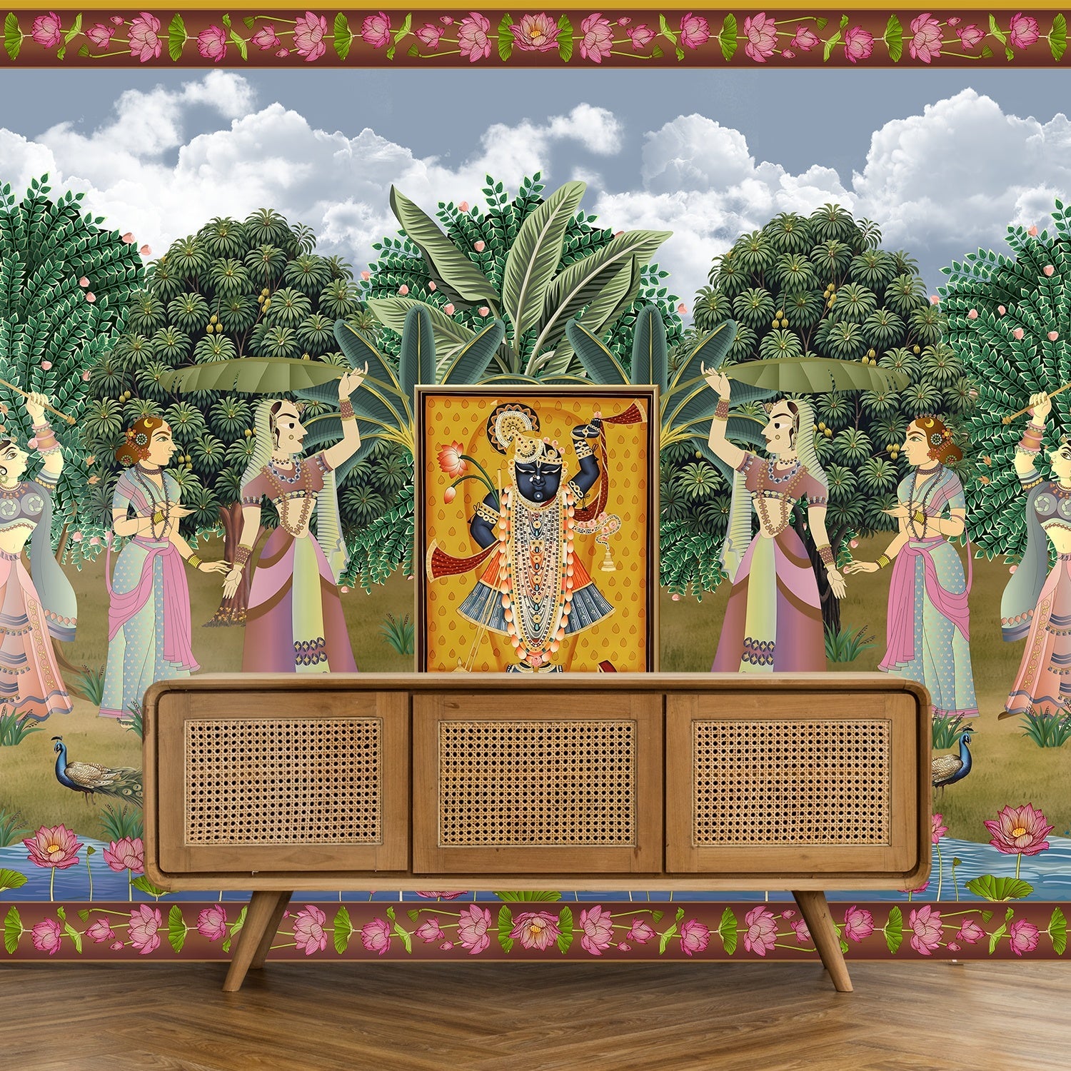 Traditional Pichwai painting with divine shrine surrounded by garden dancers and lotus flowers - view 7 - final