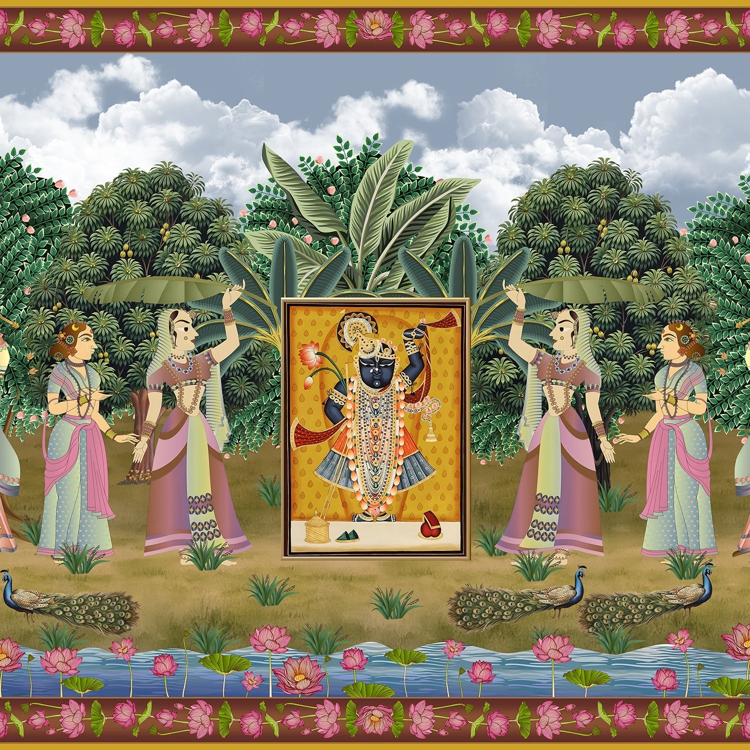 Traditional Pichwai painting with divine shrine surrounded by garden dancers and lotus flowers - view 8 - final