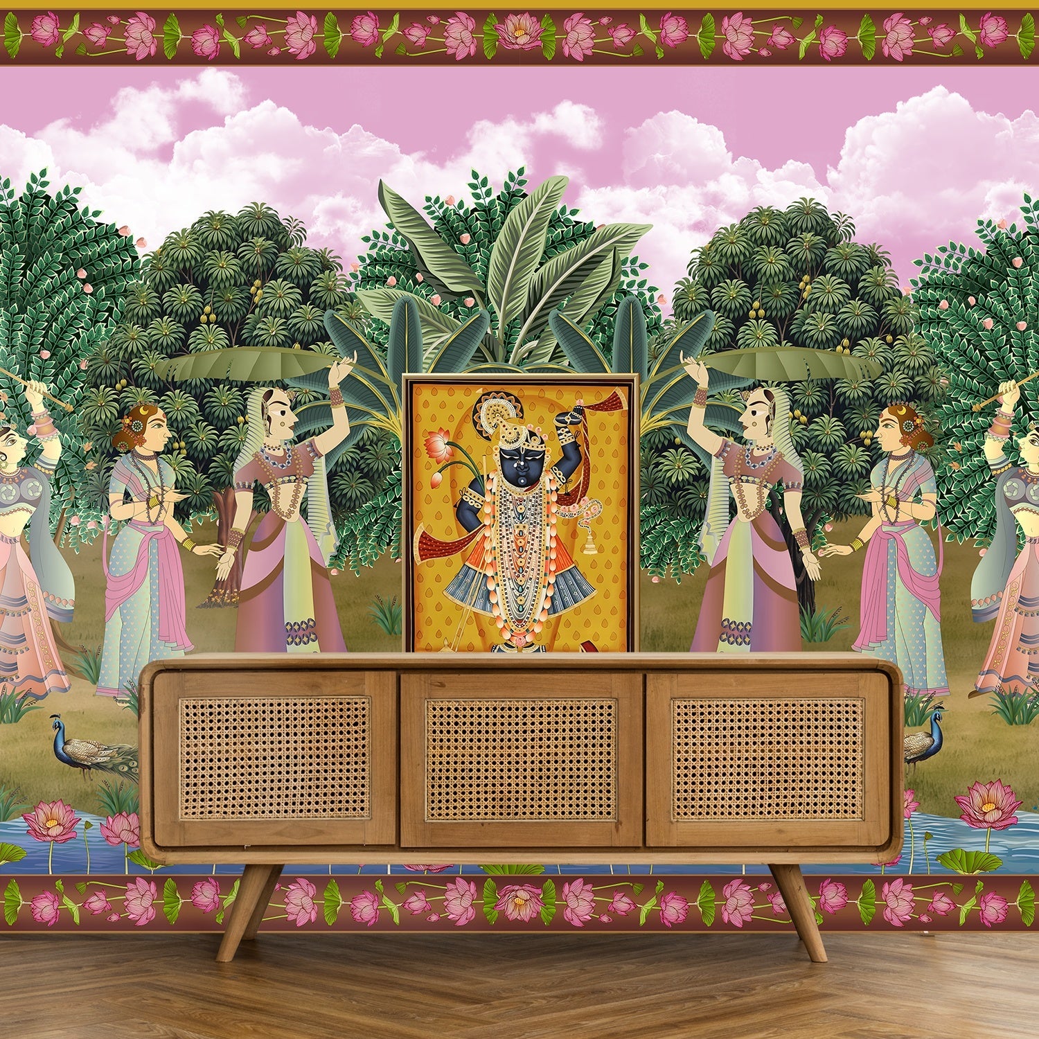 Traditional Pichwai painting with divine shrine surrounded by garden dancers and lotus flowers - final pooja-room