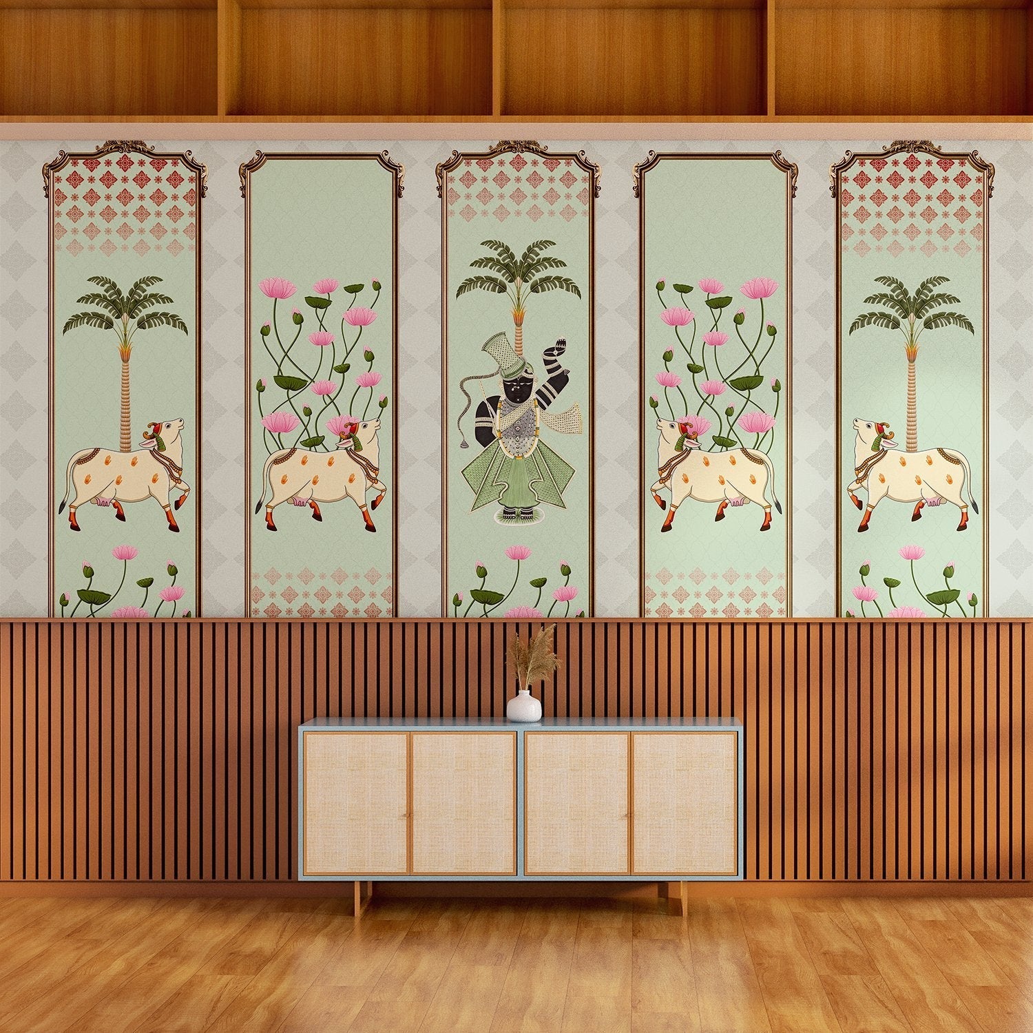 Five decorative panels featuring sacred cows, palm trees and pink lotus flowers in traditional style - view 10 - final