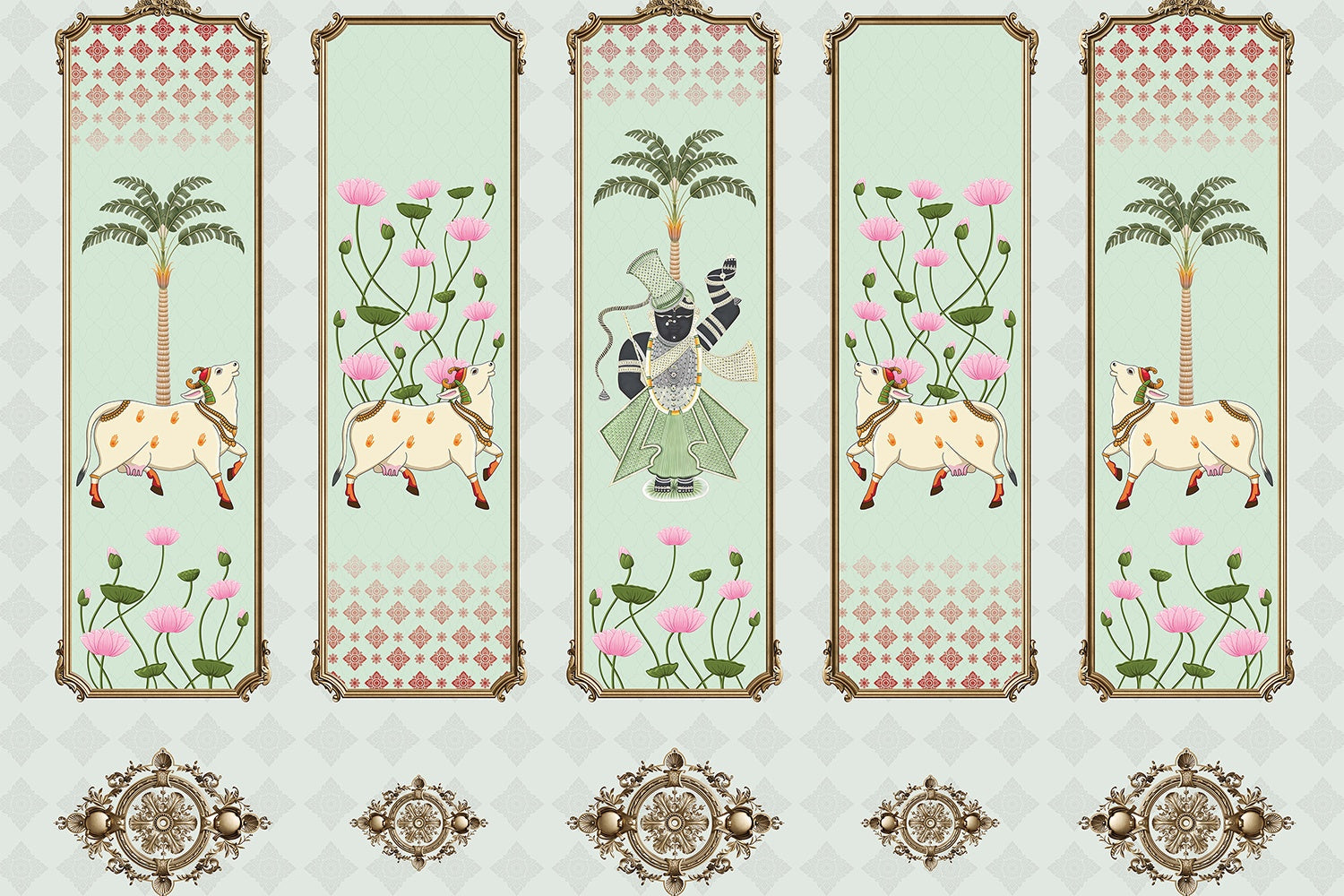 Divine Lotus Harmony 3d Pichwai wallpaper mural in lea - "3d" wallpaper mural-inequal final