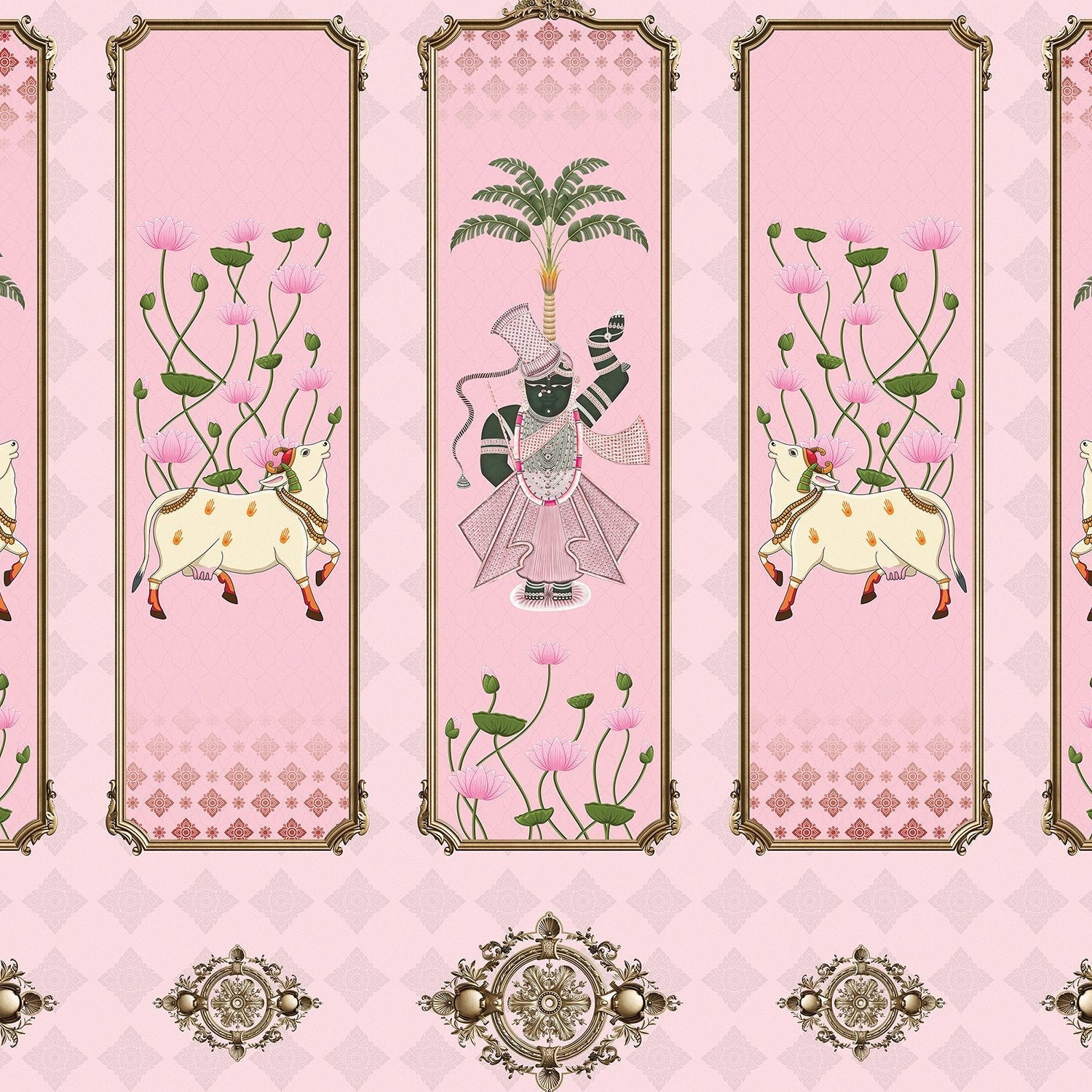 Five decorative panels featuring sacred cows, palm trees and pink lotus flowers in traditional style - view 14 - final