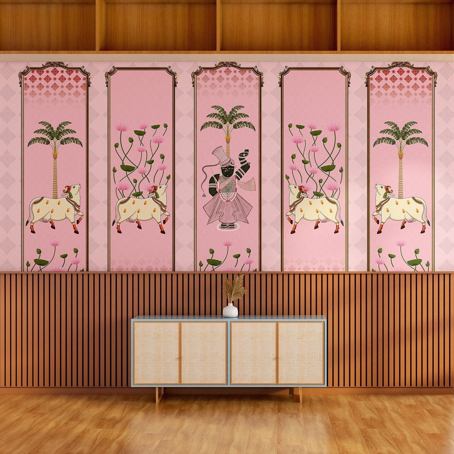 Five decorative panels featuring sacred cows, palm trees and pink lotus flowers in traditional style - view 15 - final