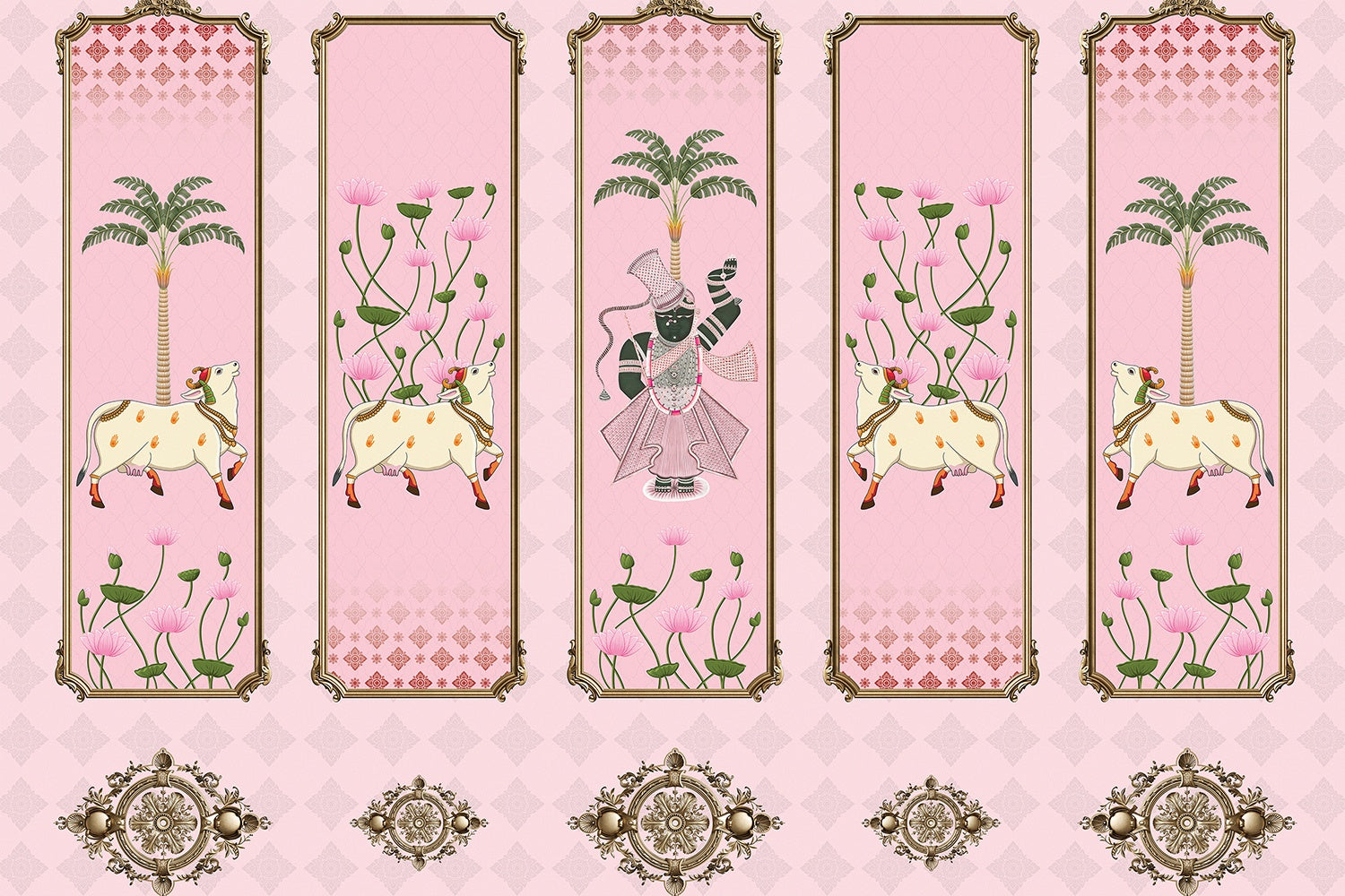 Divine Lotus Harmony 3d Pichwai wallpaper mural in lea - "3d" wallpaper mural-inequal final