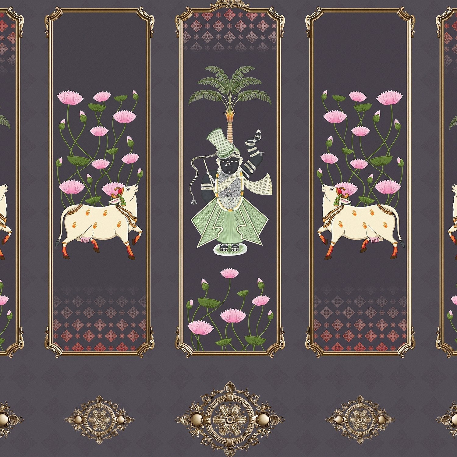Five decorative panels featuring sacred cows, palm trees and pink lotus flowers in traditional style - view 19 - final