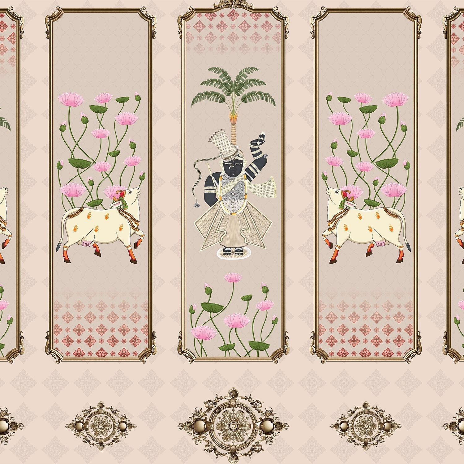 Five decorative panels featuring sacred cows, palm trees and pink lotus flowers in traditional style - view 2 - final