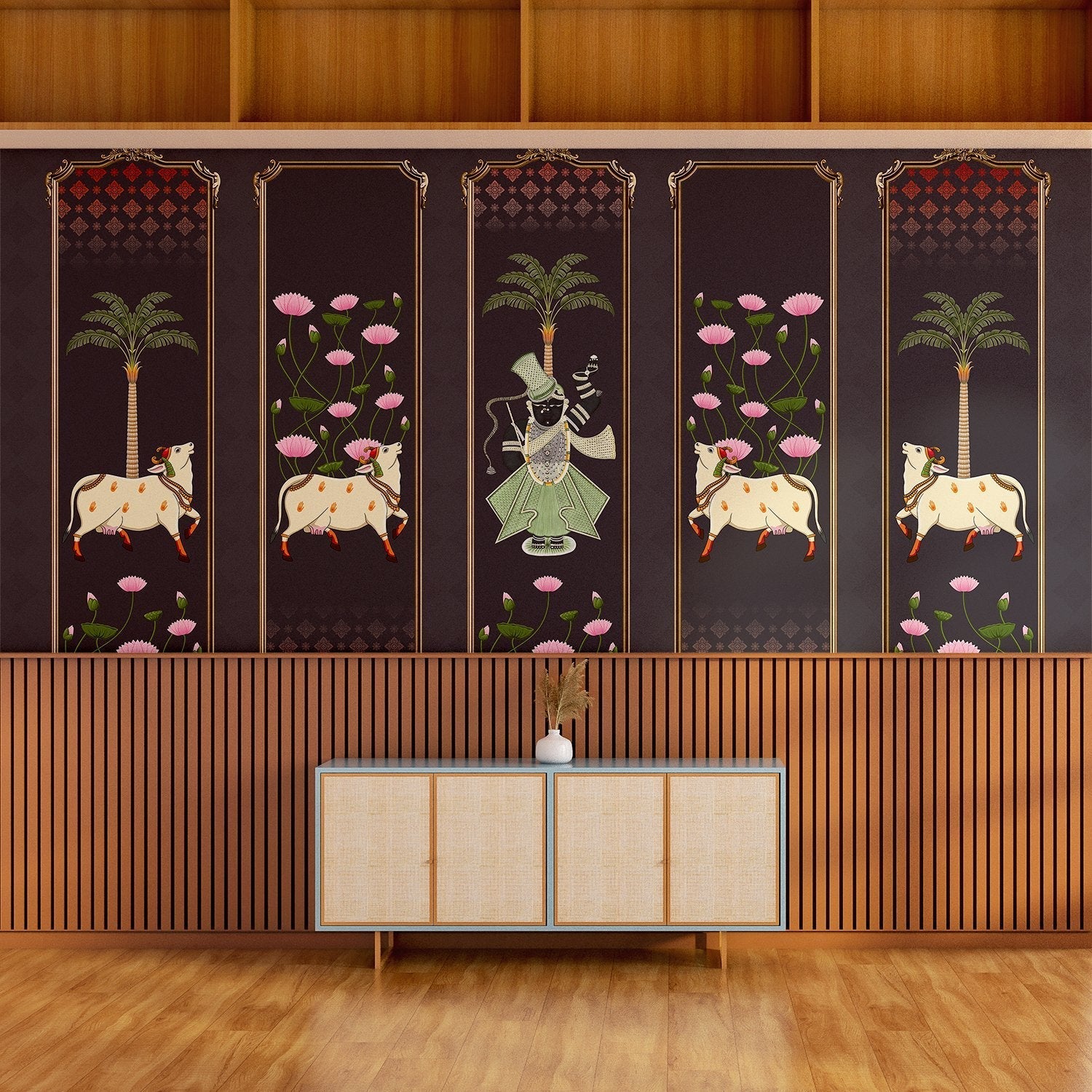 Five decorative panels featuring sacred cows, palm trees and pink lotus flowers in traditional style - view 20 - final