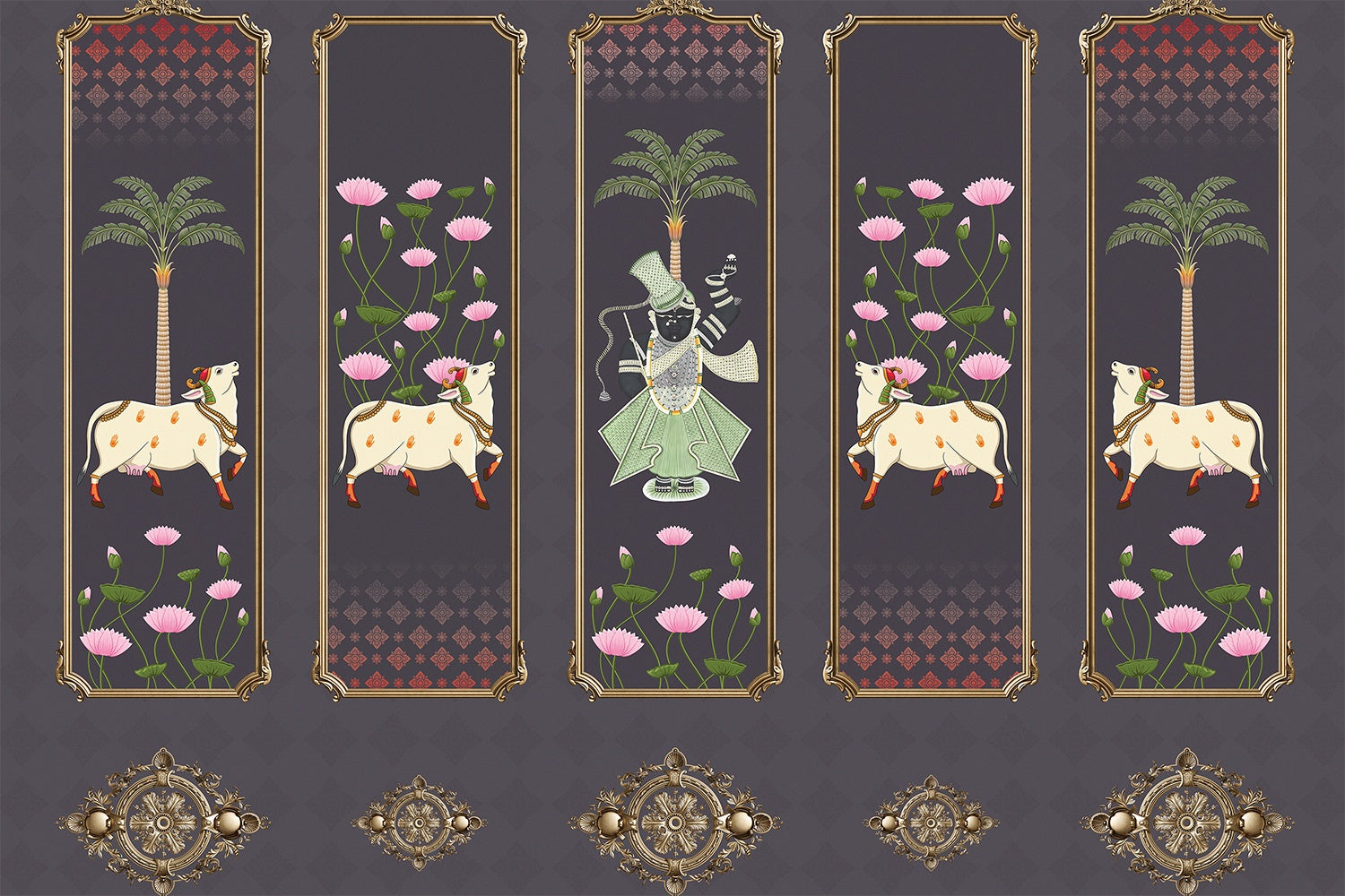 Divine Lotus Harmony 3d Pichwai wallpaper mural in lea - "3d" wallpaper mural-inequal final