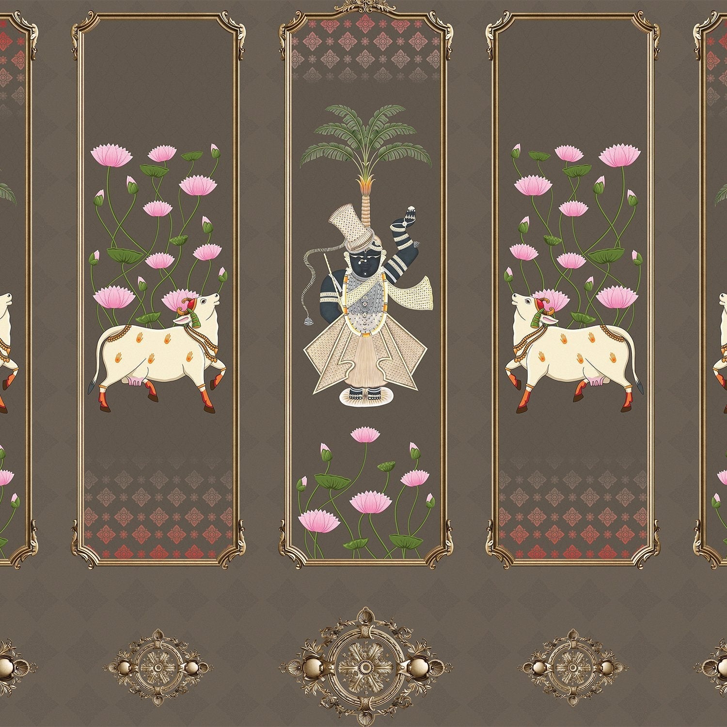 Five decorative panels featuring sacred cows, palm trees and pink lotus flowers in traditional style - view 24 - final