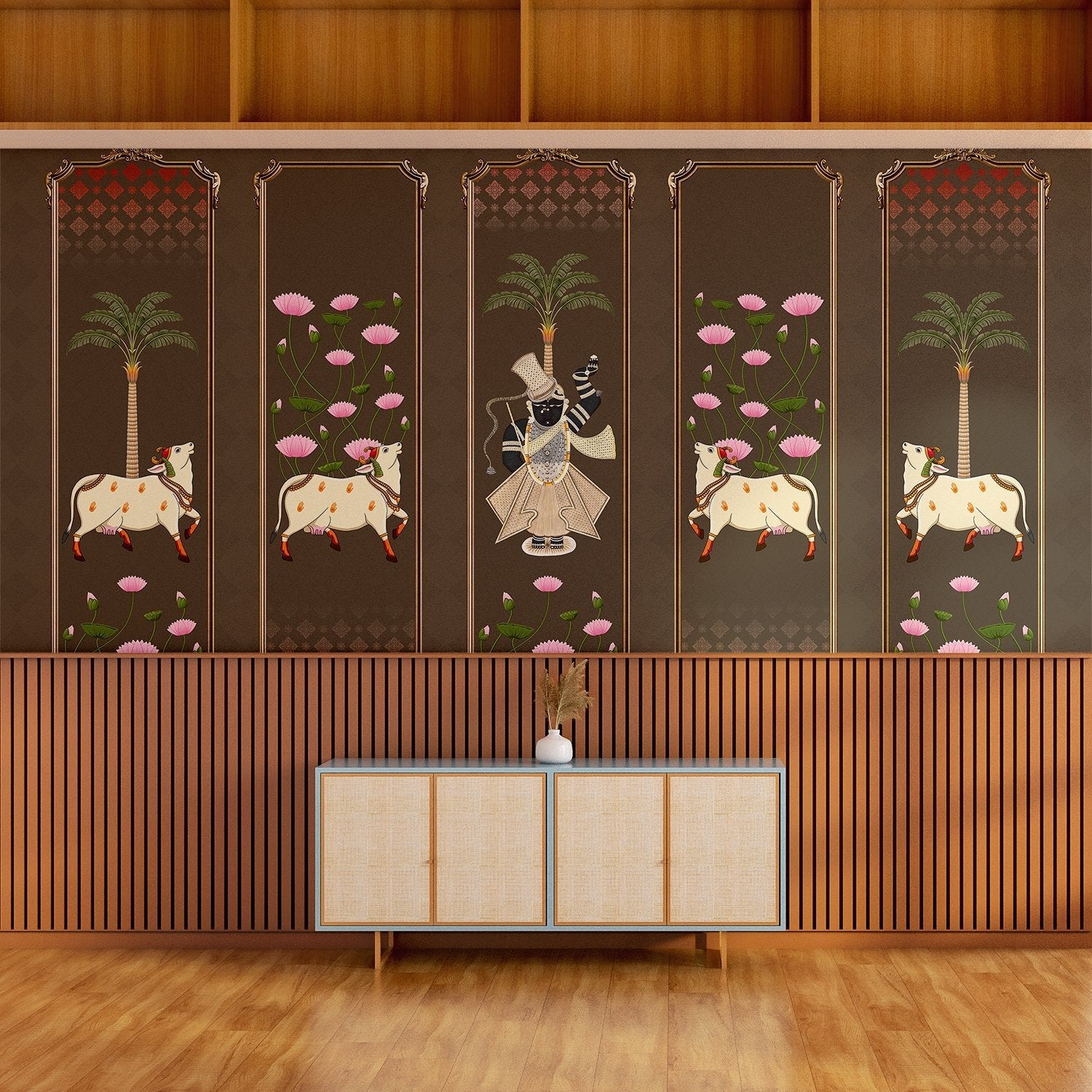 Five decorative panels featuring sacred cows, palm trees and pink lotus flowers in traditional style - view 25 - final