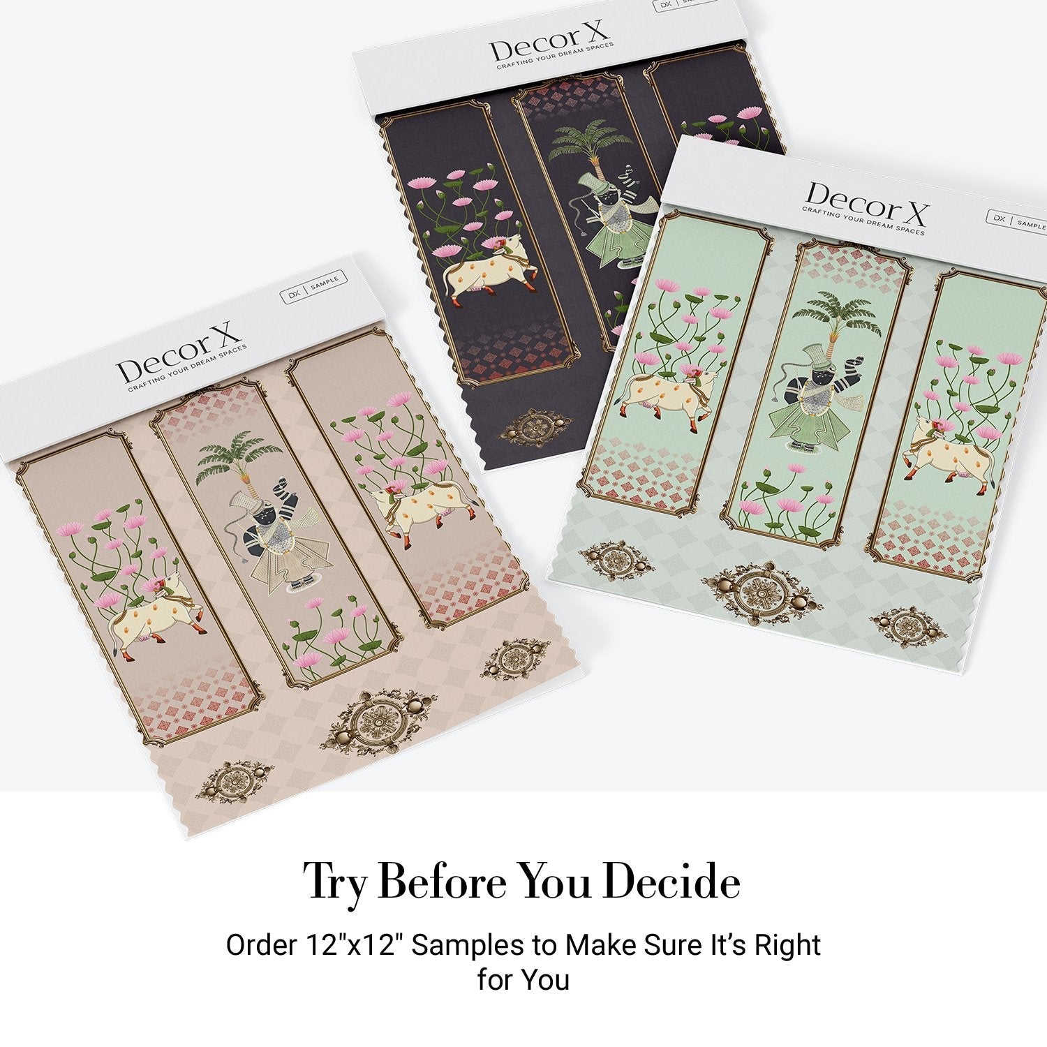 Five decorative panels featuring sacred cows, palm trees and pink lotus flowers in traditional style - view 28 - final all-groups samples