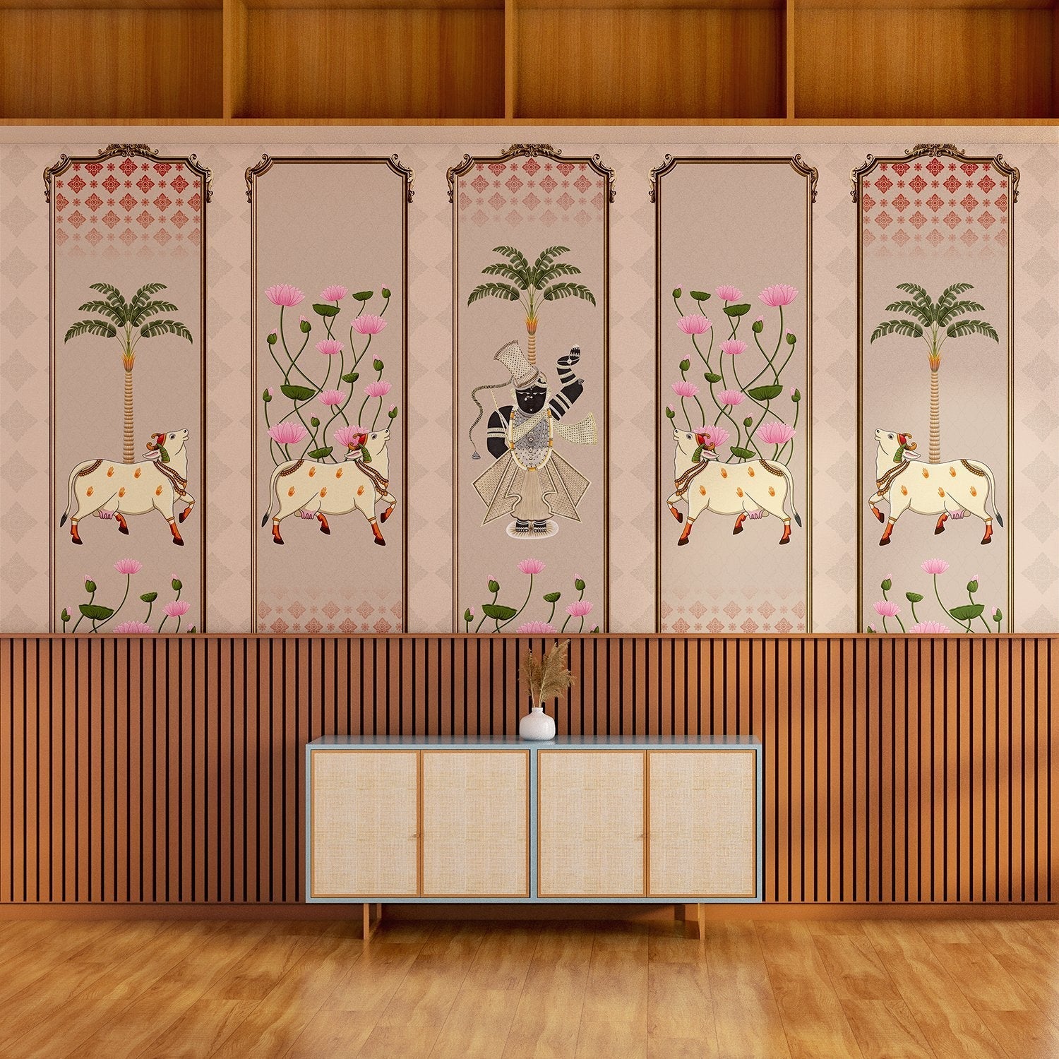 Five decorative panels featuring sacred cows, palm trees and pink lotus flowers in traditional style - view 3 - final pooja-room