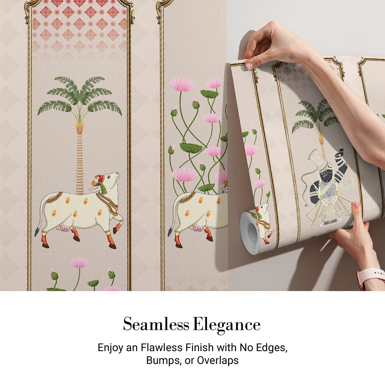 Five decorative panels featuring sacred cows, palm trees and pink lotus flowers in traditional style - view 4 - final