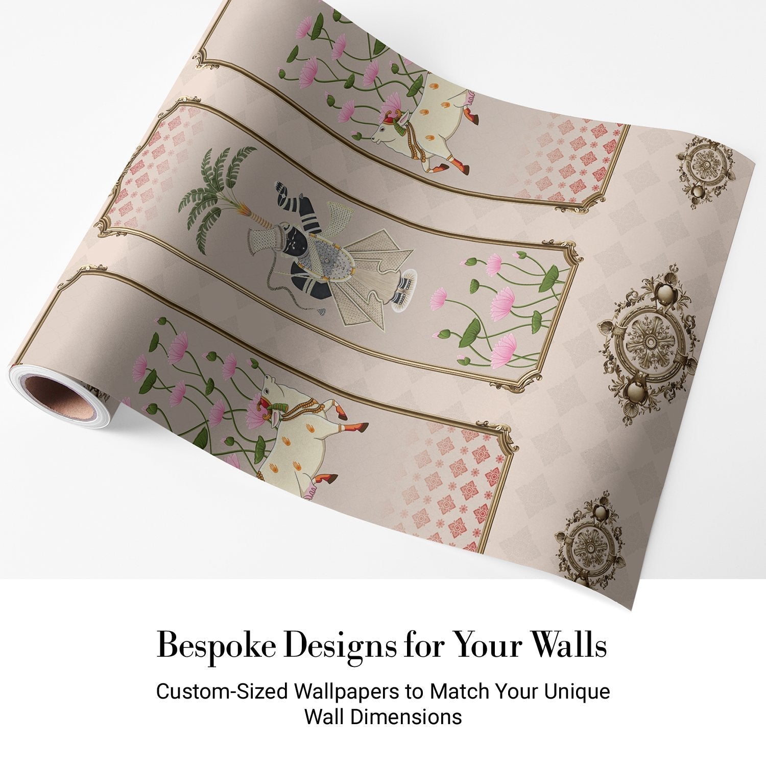 Five decorative panels featuring sacred cows, palm trees and pink lotus flowers in traditional style - view 5 - final