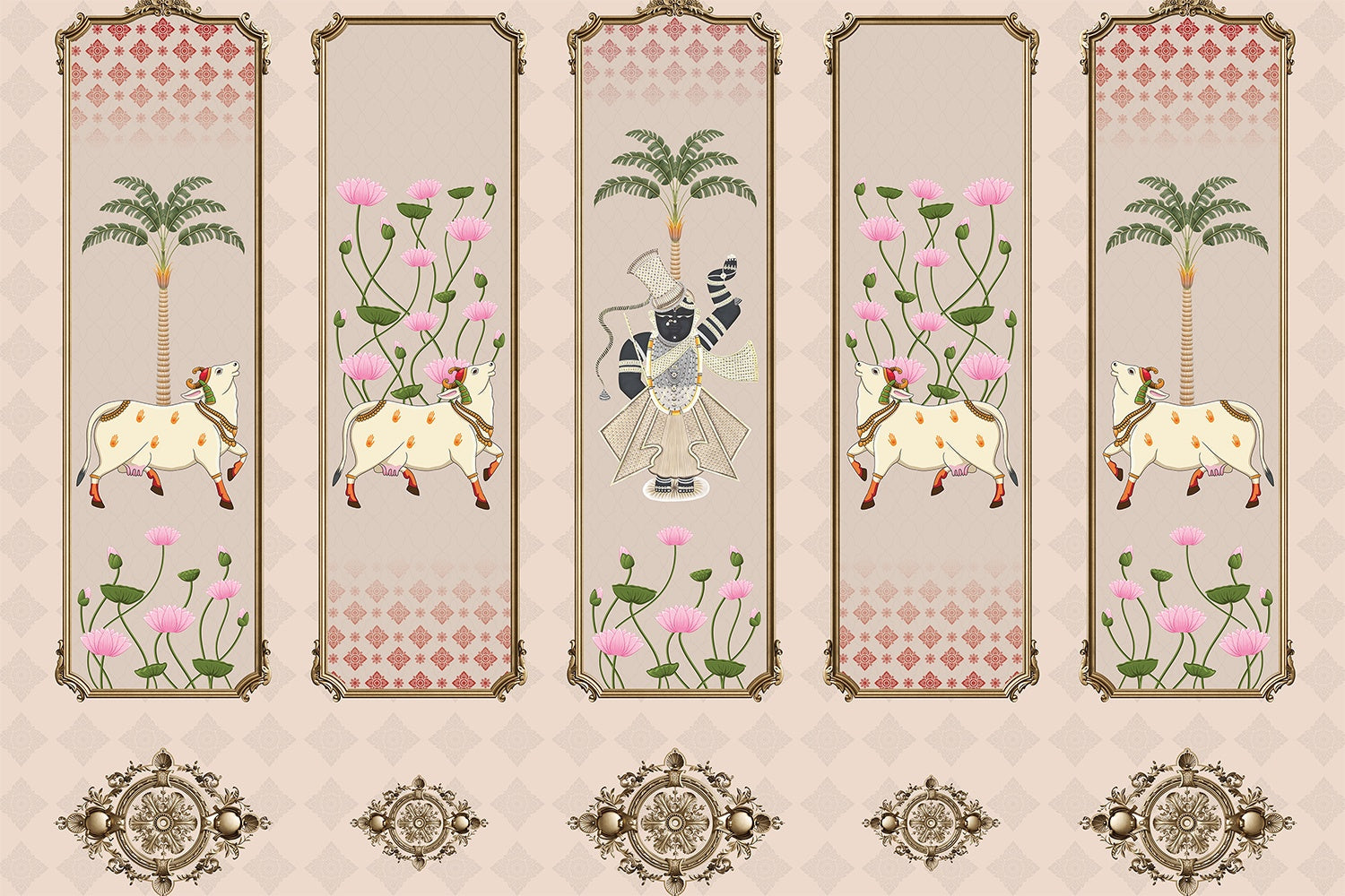 Divine Lotus Harmony 3d Pichwai wallpaper mural in lea - "3d" wallpaper mural-inequal final