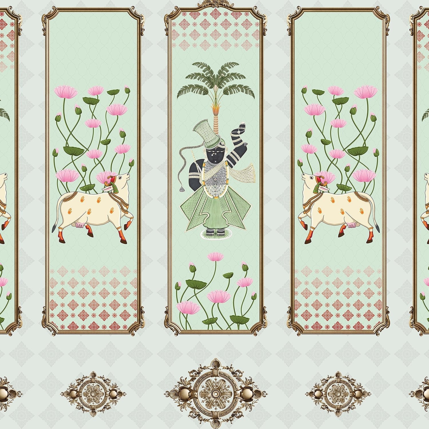 Five decorative panels featuring sacred cows, palm trees and pink lotus flowers in traditional style - view 9 - final