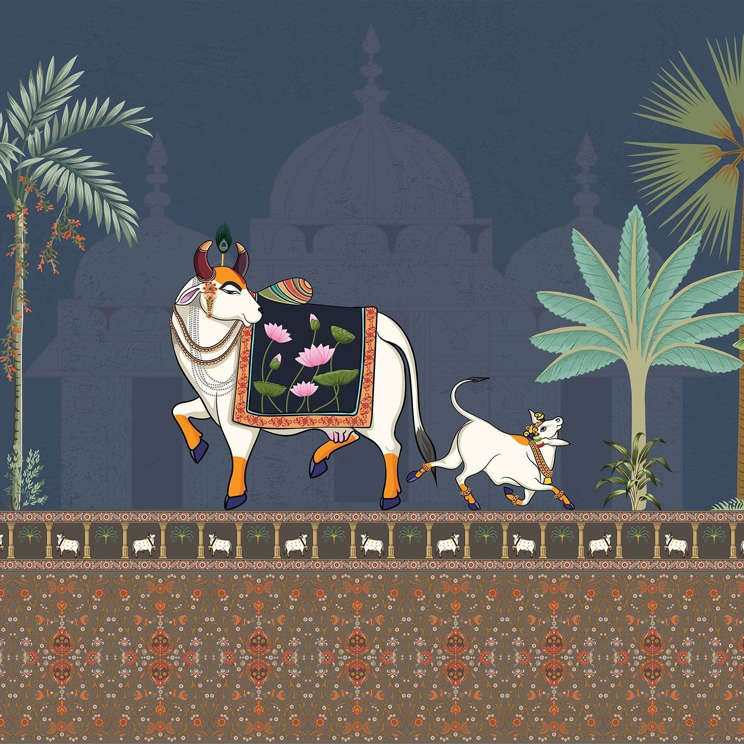 Traditional Pichwai artwork featuring decorated sacred bull, palm trees and domed palace architecture - view 10 - final