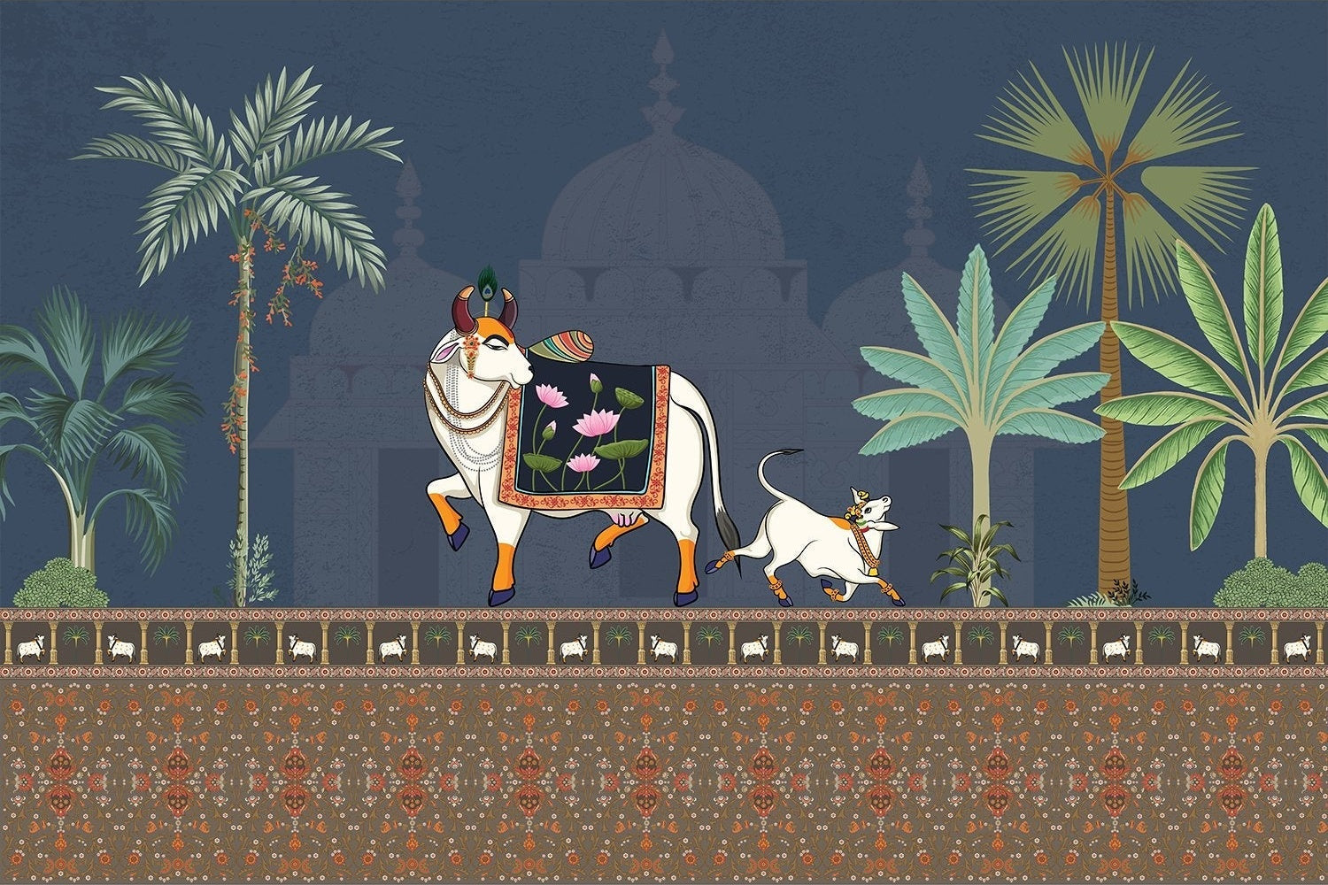 "Intricate lea Pichwai art - "mughal" wallpaper mural-inequal final"