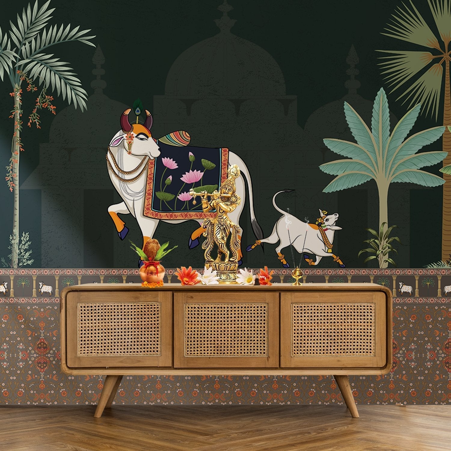 Traditional Pichwai artwork featuring decorated sacred bull, palm trees and domed palace architecture - view 15 - final