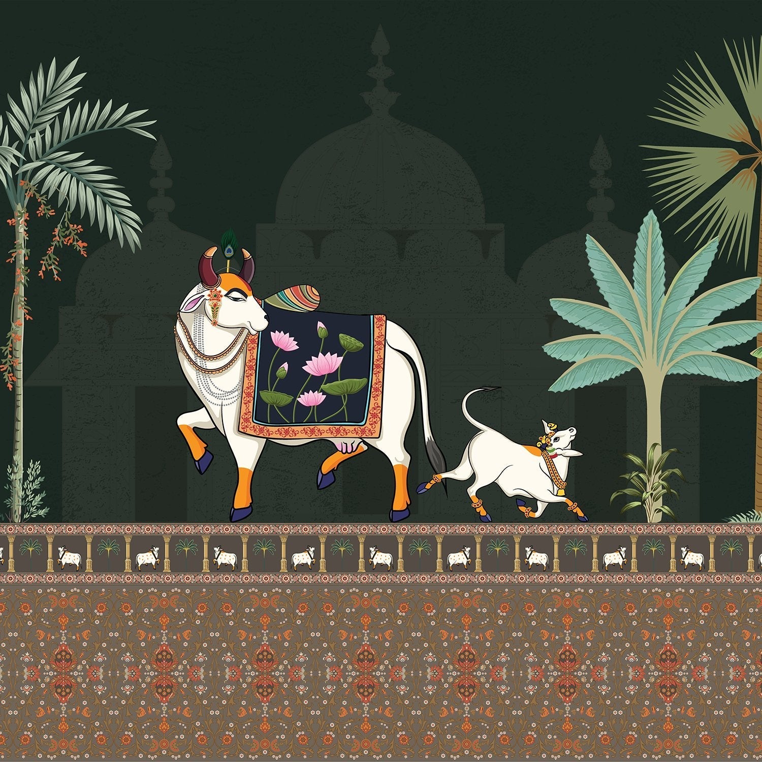 Traditional Pichwai artwork featuring decorated sacred bull, palm trees and domed palace architecture - view 16 - final