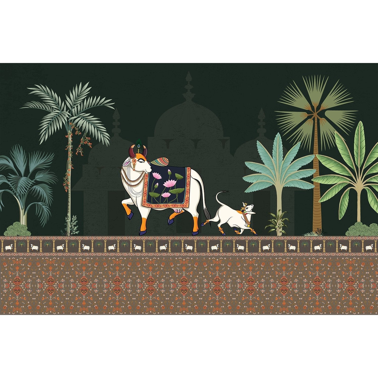 "Intricate lea Pichwai art - "mughal" wallpaper mural-equal final"