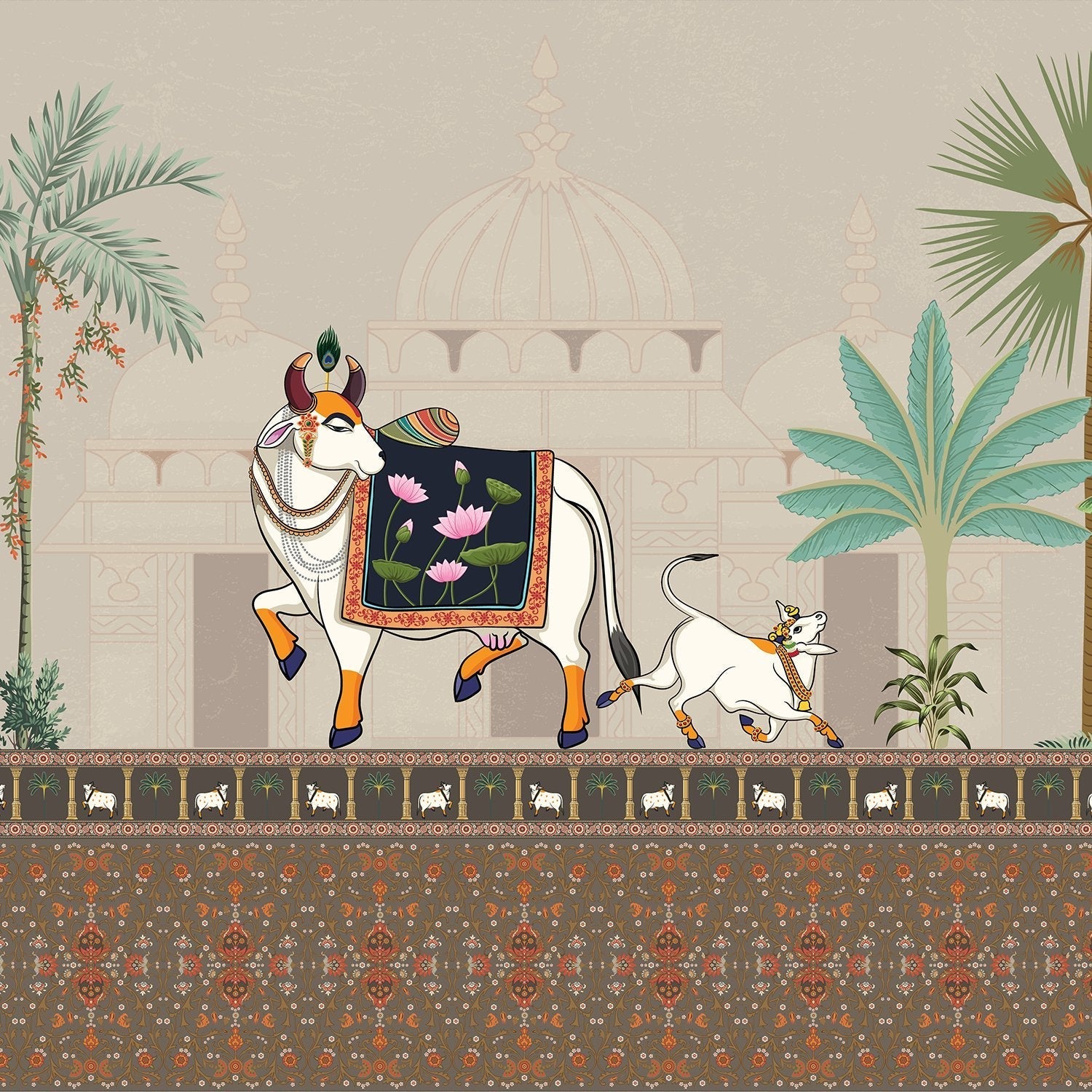 Traditional Pichwai artwork featuring decorated sacred bull, palm trees and domed palace architecture - view 2 - final