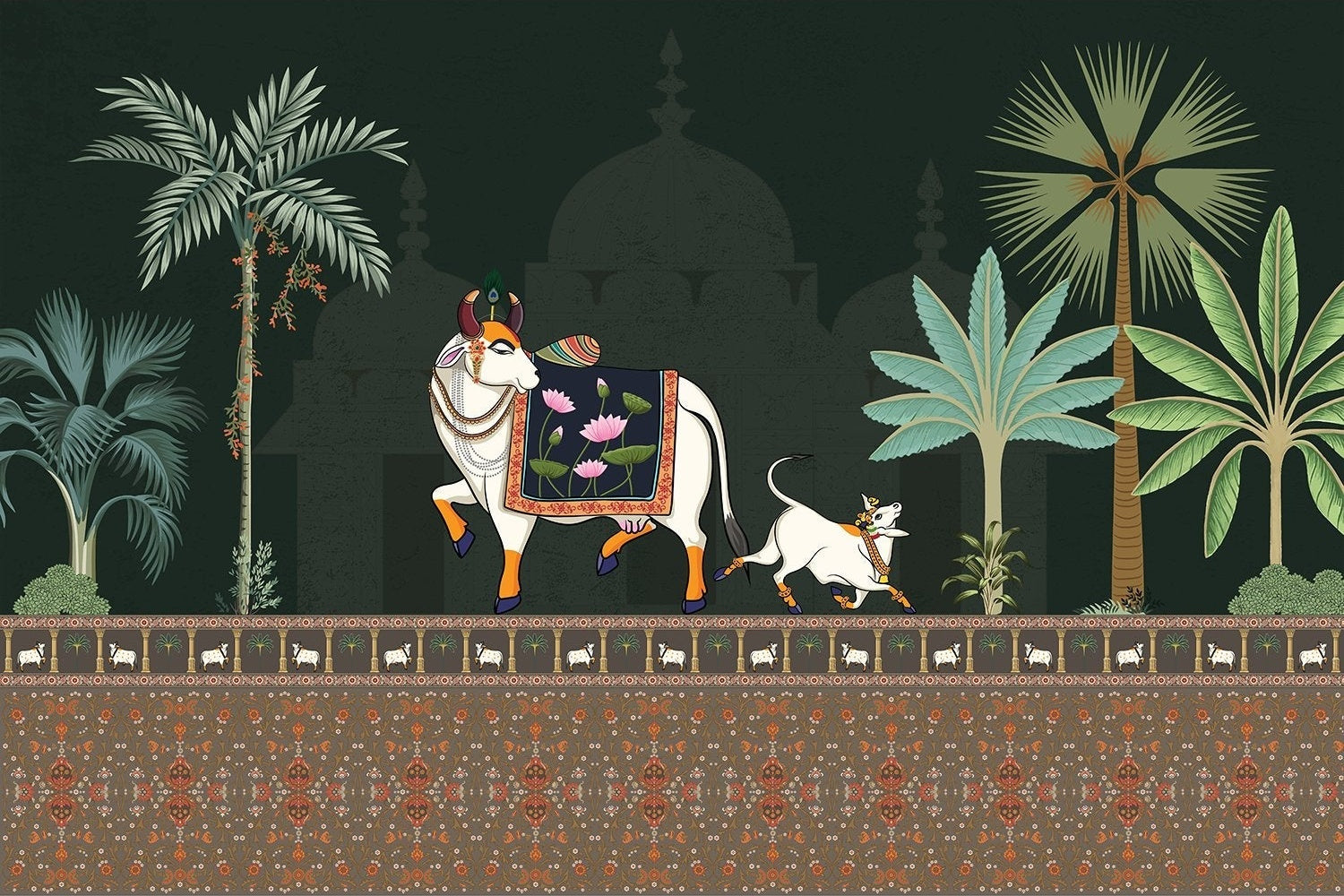 "Intricate lea Pichwai art - "mughal" wallpaper mural-inequal final"