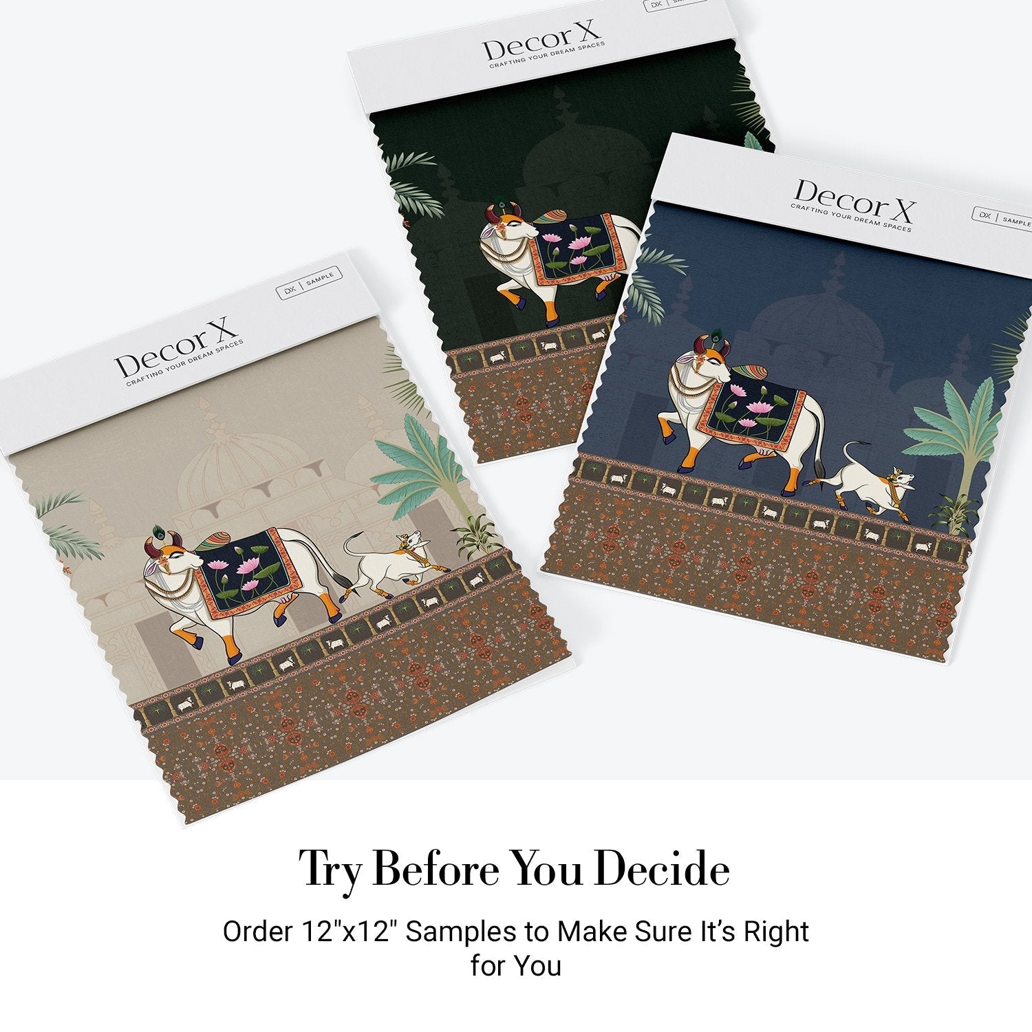 Traditional Pichwai artwork featuring decorated sacred bull, palm trees and domed palace architecture - view 21 - final all-groups samples