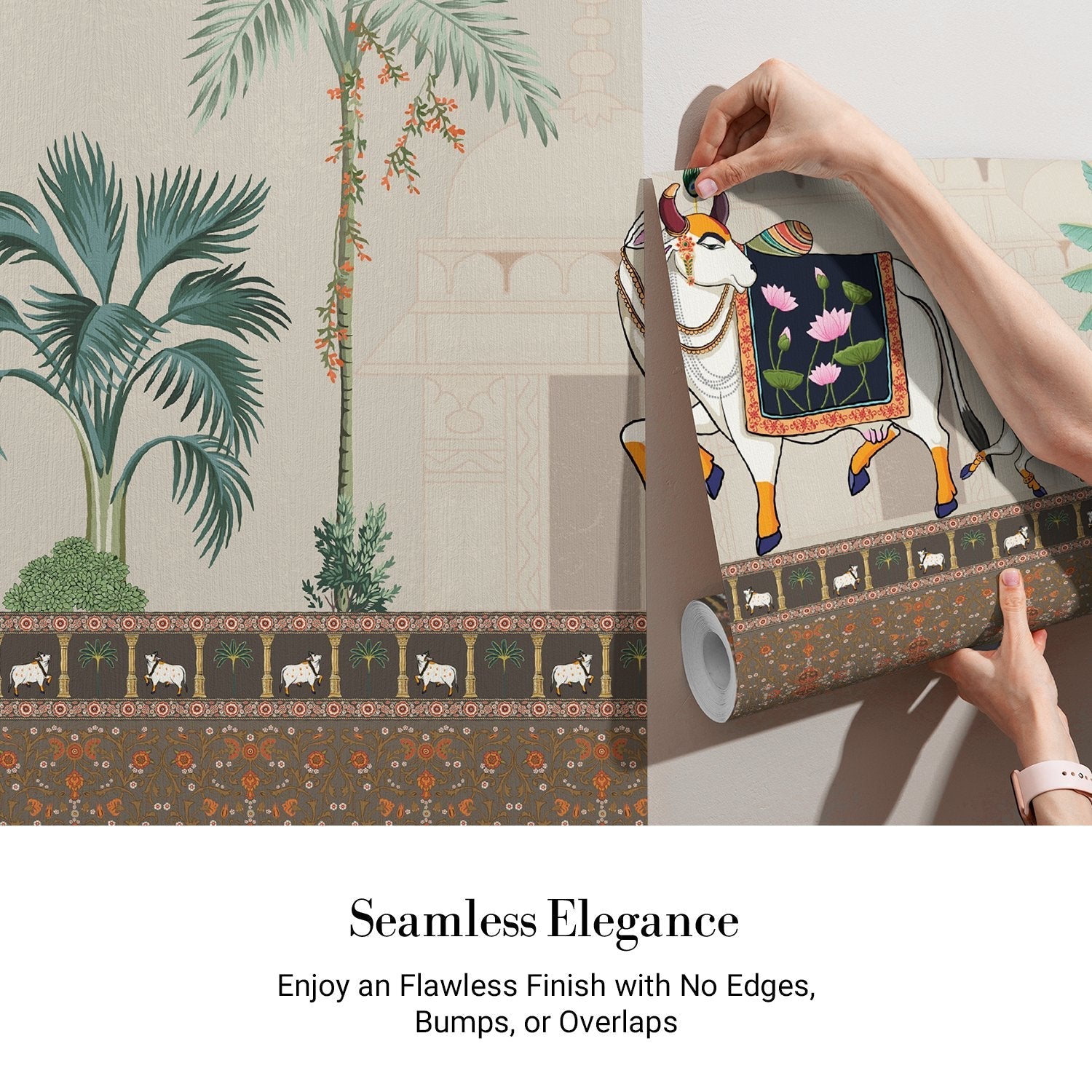 Traditional Pichwai artwork featuring decorated sacred bull, palm trees and domed palace architecture - view 5 - final