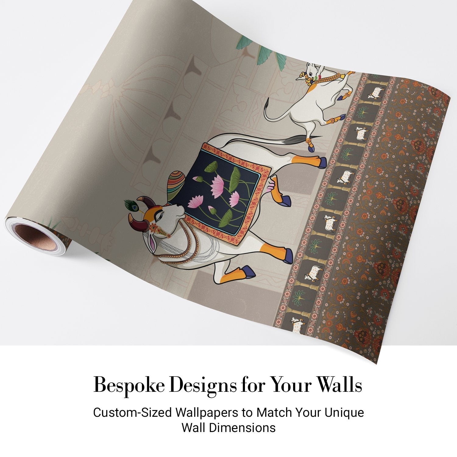 Traditional Pichwai artwork featuring decorated sacred bull, palm trees and domed palace architecture - view 6 - final