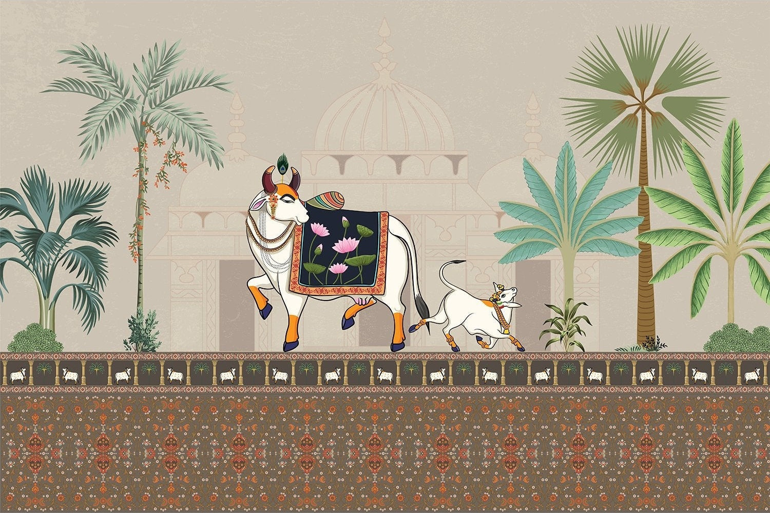 "Intricate lea Pichwai art - "mughal" wallpaper mural-inequal final"