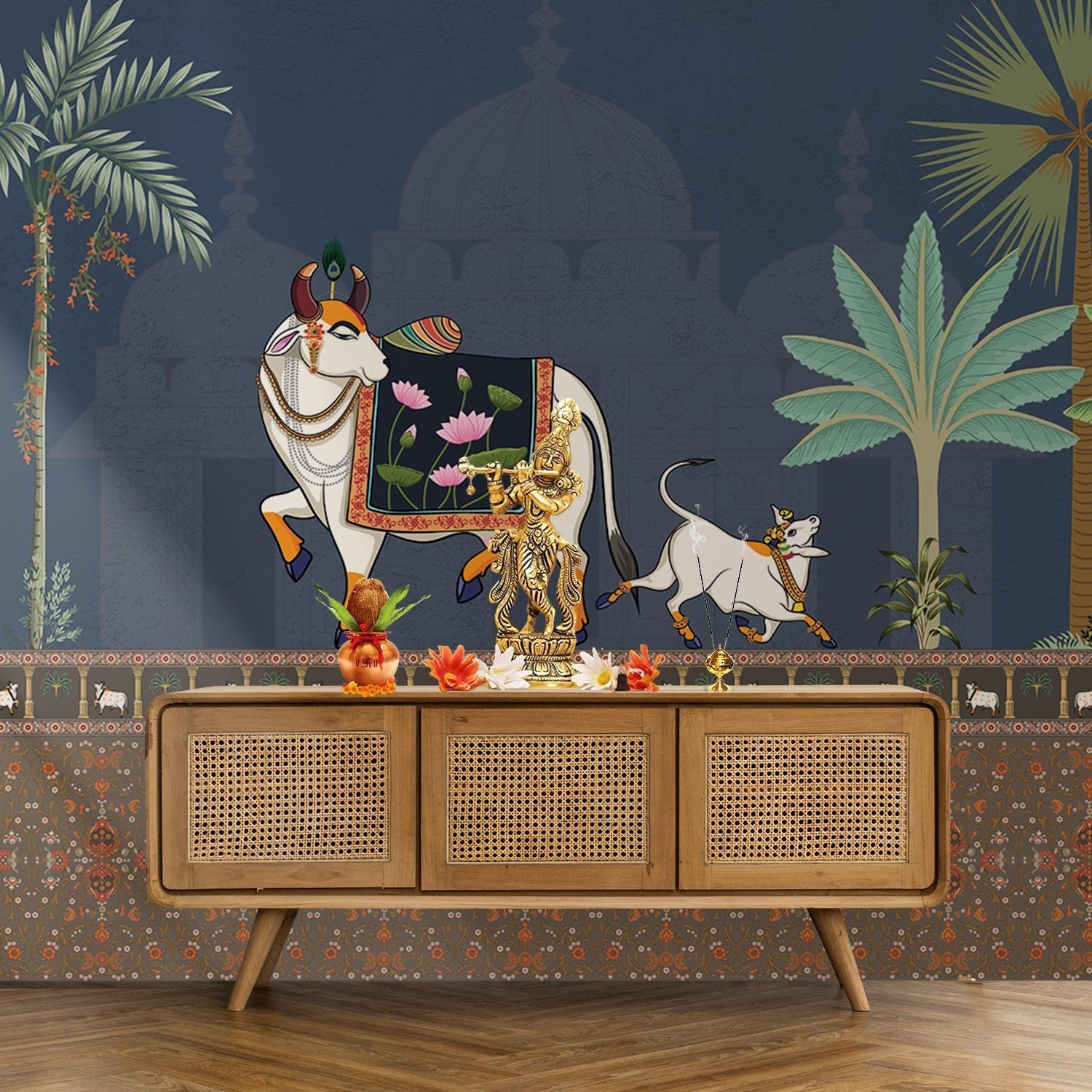 Traditional Pichwai artwork featuring decorated sacred bull, palm trees and domed palace architecture - view 9 - final