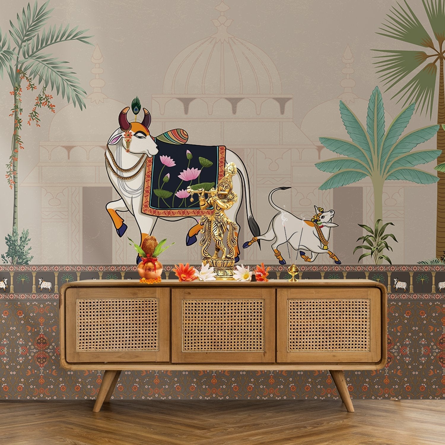 Traditional Pichwai artwork featuring decorated sacred bull, palm trees and domed palace architecture - final pooja-room