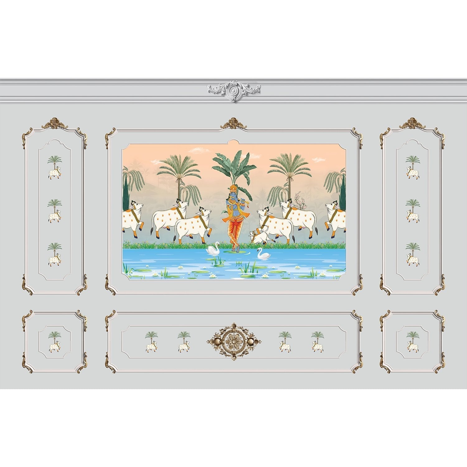 Traditional Pichwai painting showing sacred cows by riverside with palm trees and ornate frame - view 10 - mural-equal - final
