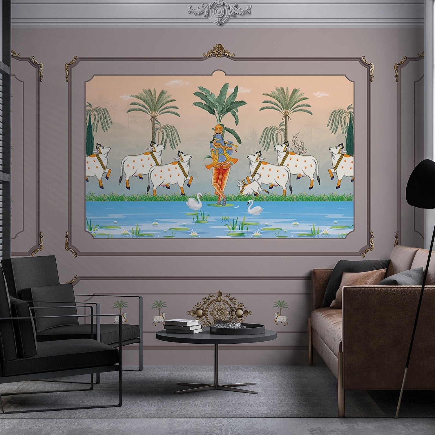 Traditional Pichwai painting showing sacred cows by riverside with palm trees and ornate frame - view 11 - final