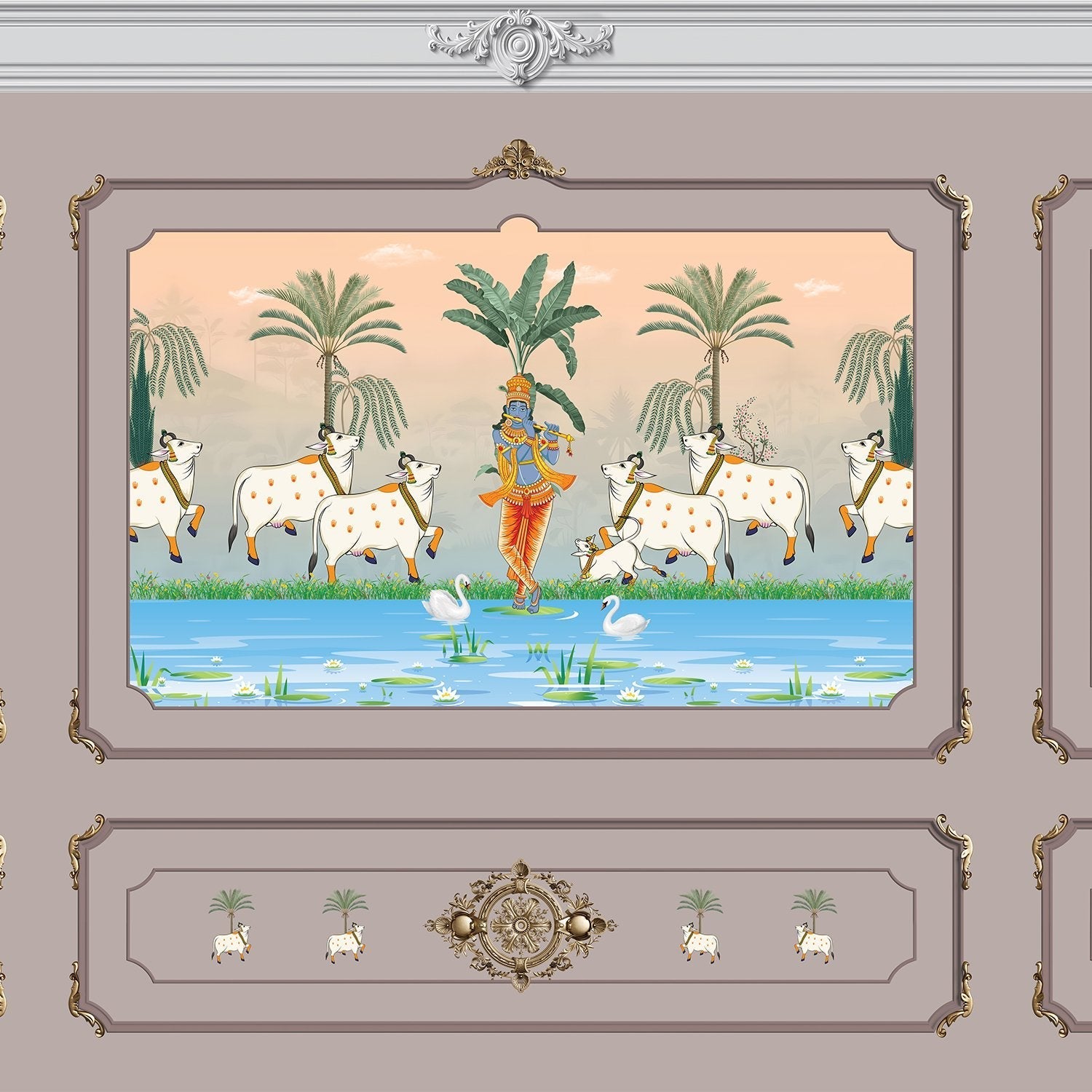 Traditional Pichwai painting showing sacred cows by riverside with palm trees and ornate frame - view 12 - final