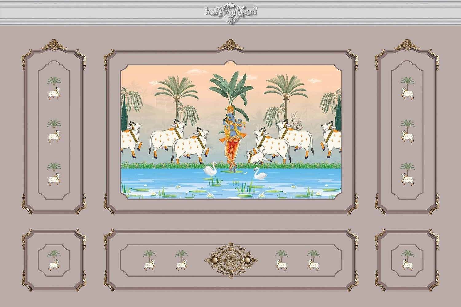 Traditional Pichwai painting showing sacred cows by riverside with palm trees and ornate frame - view 13 - mural-inequal - final