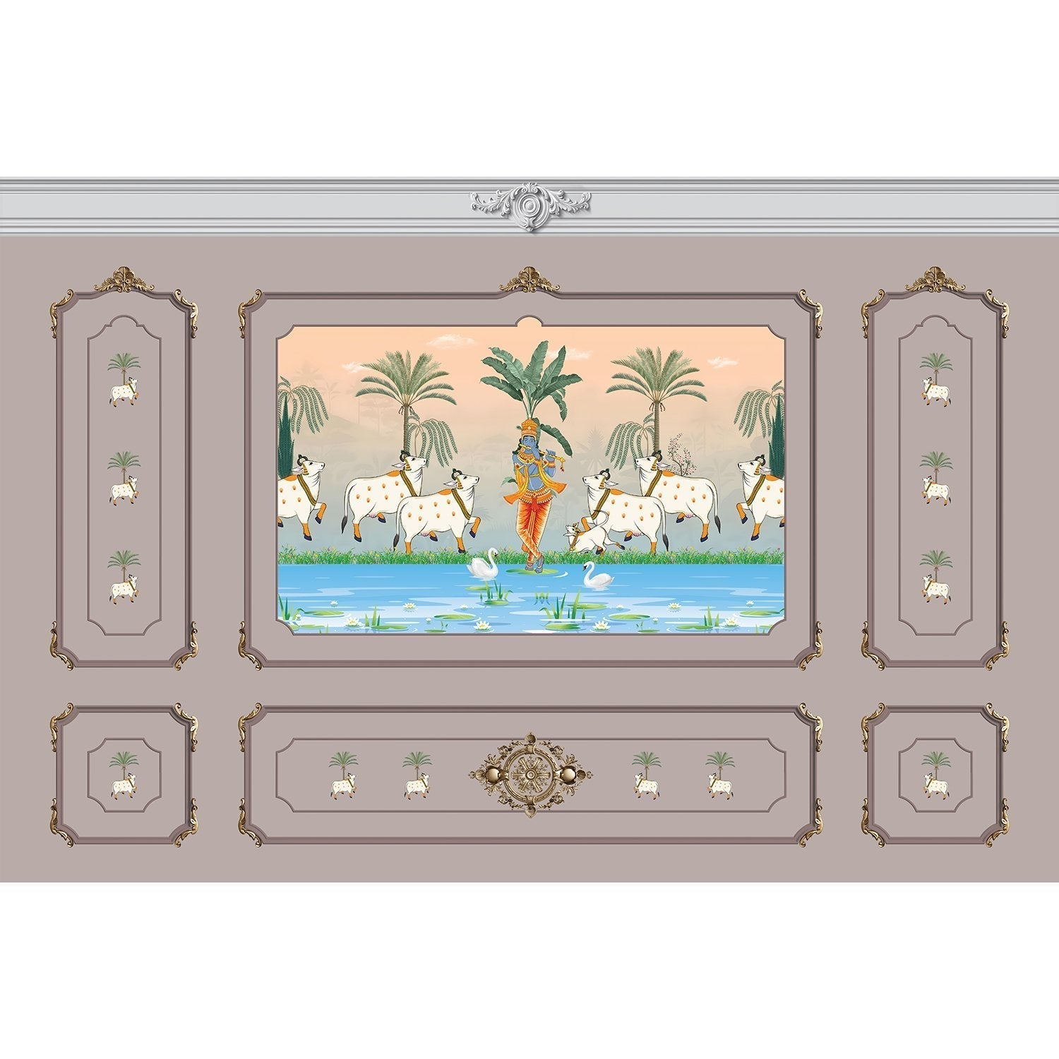 Traditional Pichwai painting showing sacred cows by riverside with palm trees and ornate frame - view 14 - mural-equal - final