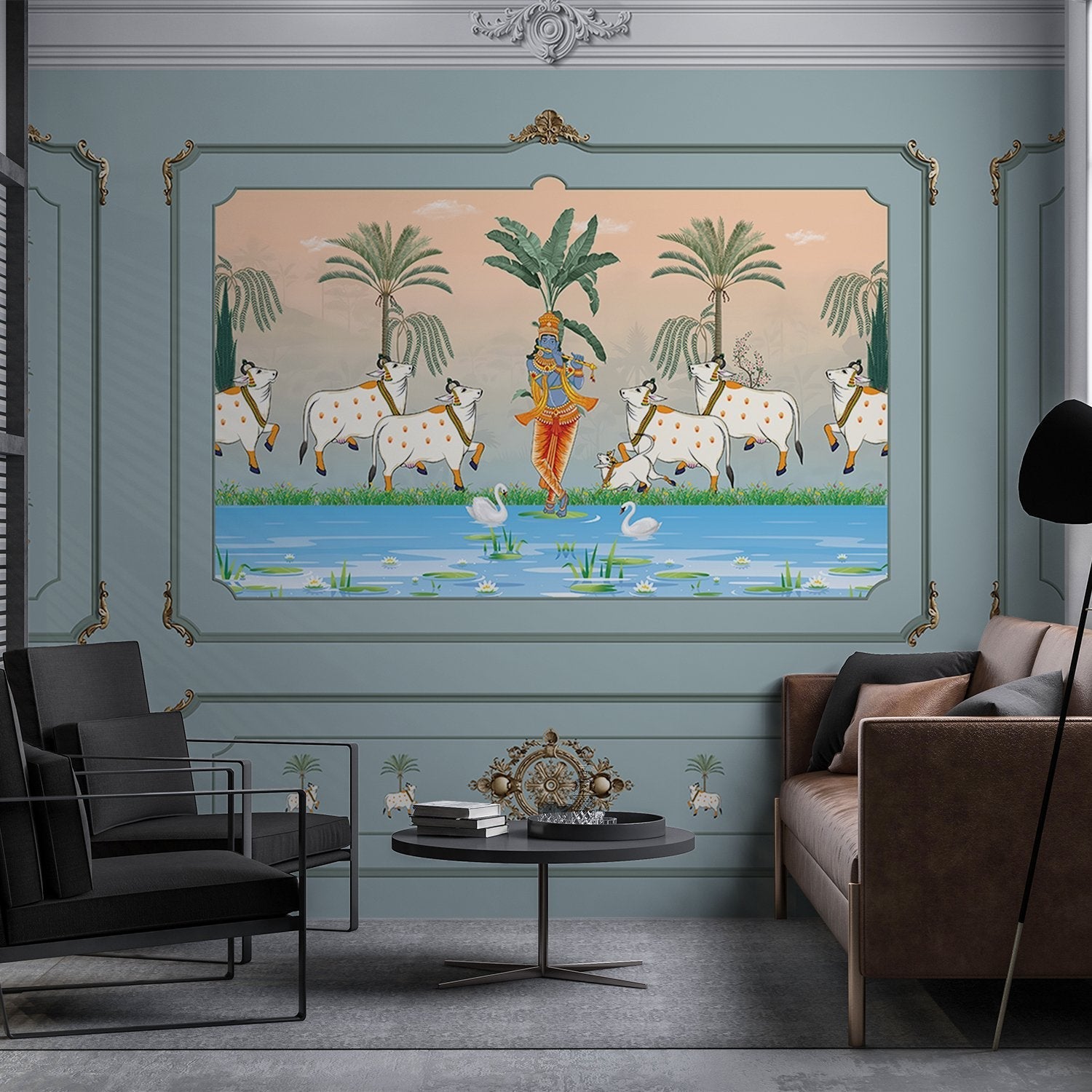 Traditional Pichwai painting showing sacred cows by riverside with palm trees and ornate frame - view 15 - final