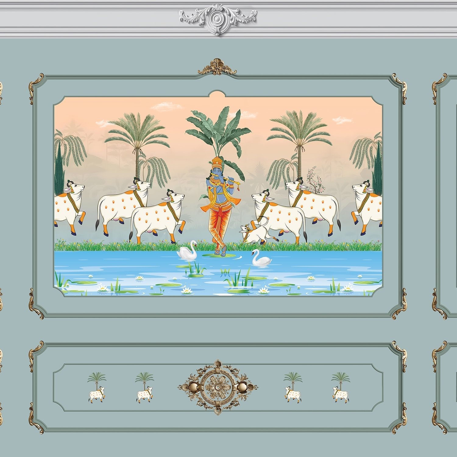 Traditional Pichwai painting showing sacred cows by riverside with palm trees and ornate frame - view 16 - final