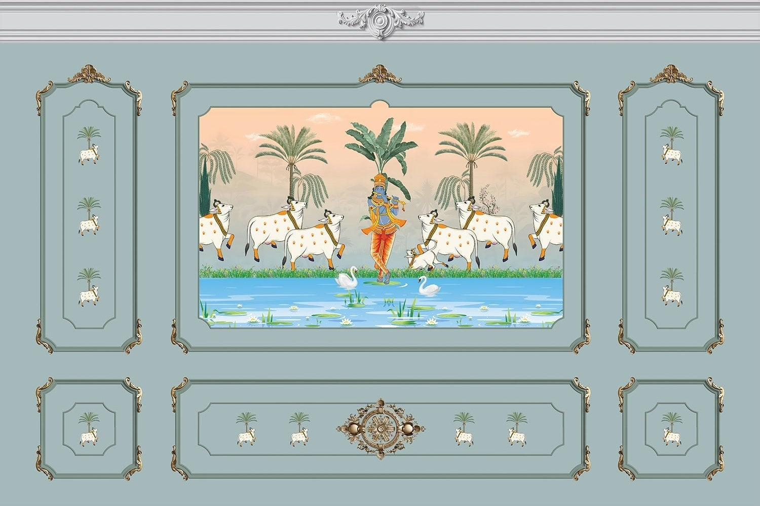 Traditional Pichwai painting showing sacred cows by riverside with palm trees and ornate frame - view 17 - mural-inequal - final