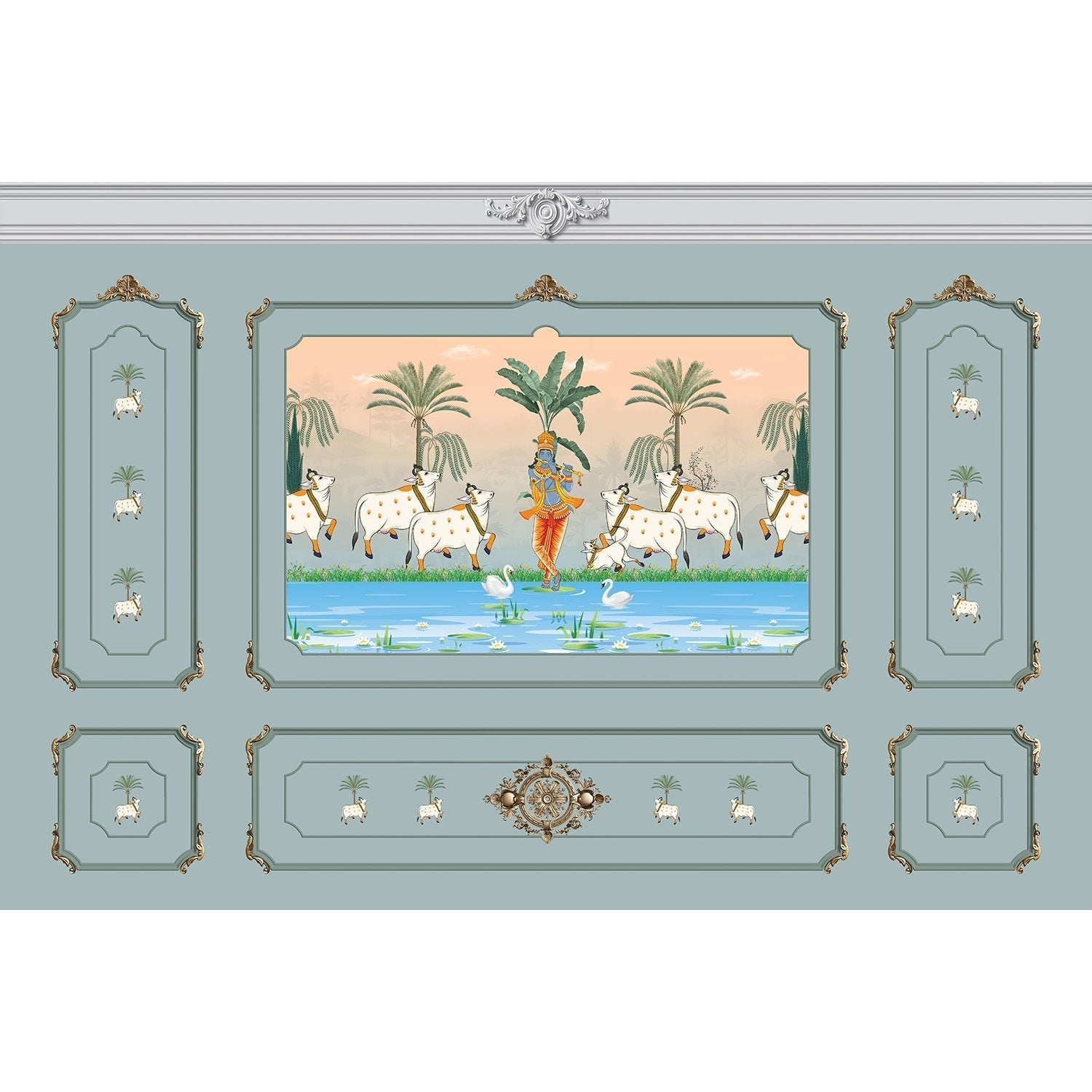 Traditional Pichwai painting showing sacred cows by riverside with palm trees and ornate frame - view 18 - mural-equal - final