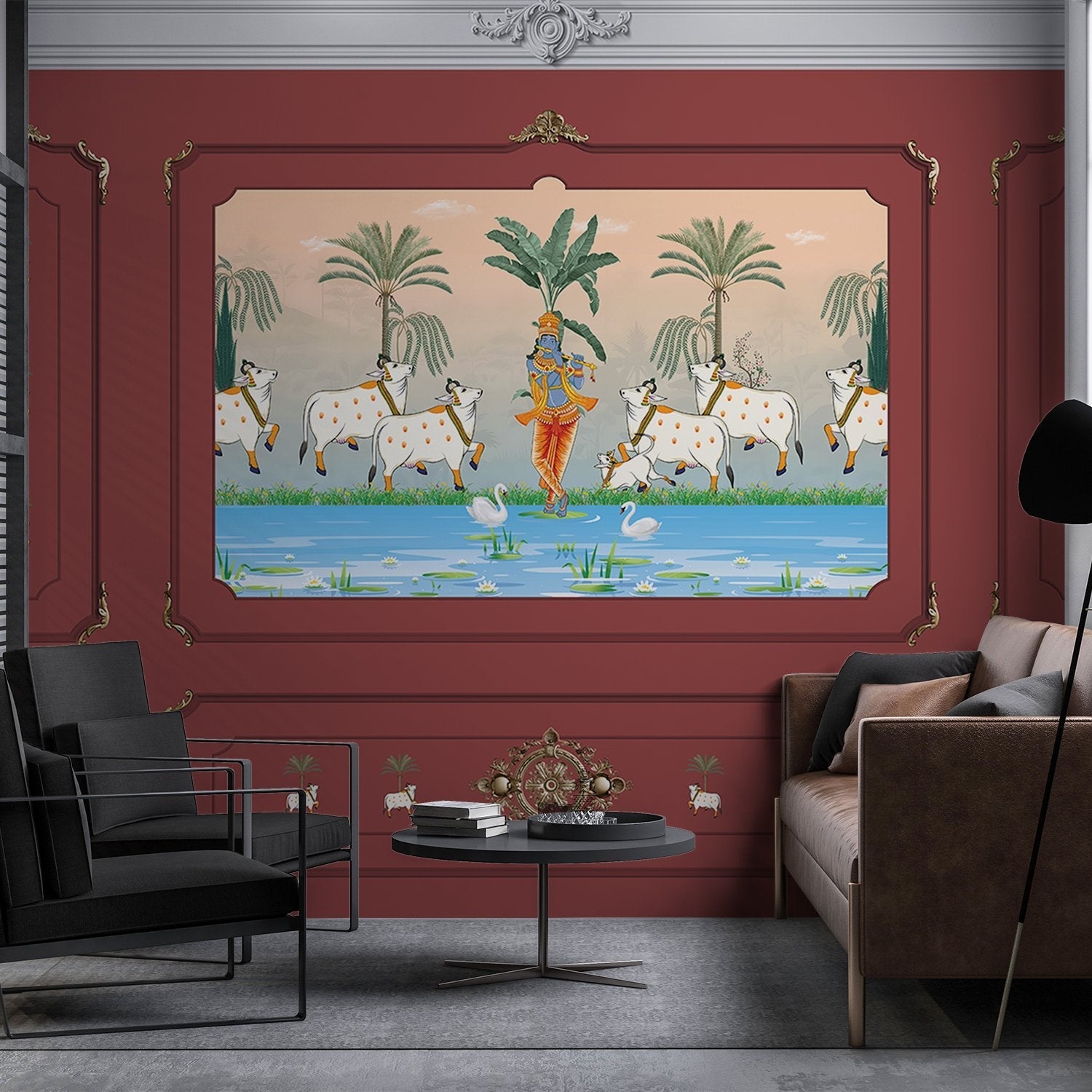 Traditional Pichwai painting showing sacred cows by riverside with palm trees and ornate frame - view 19 - final